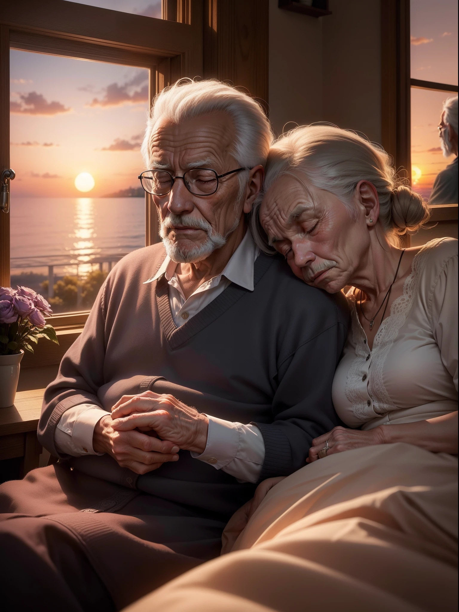 Old couple, (One old man sleeping in bed:1.4), (Sit on a chair next to the bed、Elderly woman taking care:1.3), (Sunset from the window:1.5), White curtains fluttering in the wind, The old man quietly takes my last breath, Single flower in a vase, petals falling, (8K, 16 K, Super Detail), high details, Best Quality:1.2, hight resolution, High quality, masutepiece:1.4, Anatomically correct,Detailed hand, Detailed fingers, Detailed face