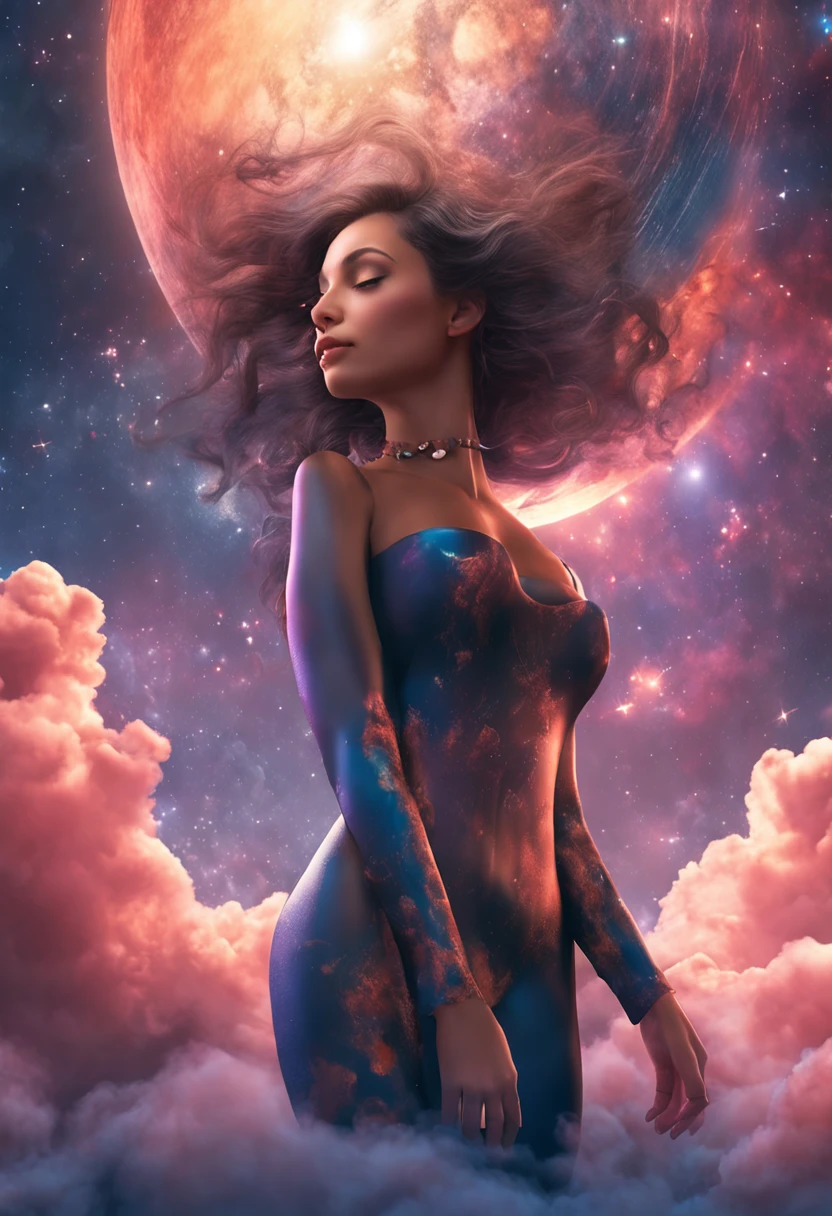 masterpiece, HDRI, beautiful girl floating on space, cosmic clouds