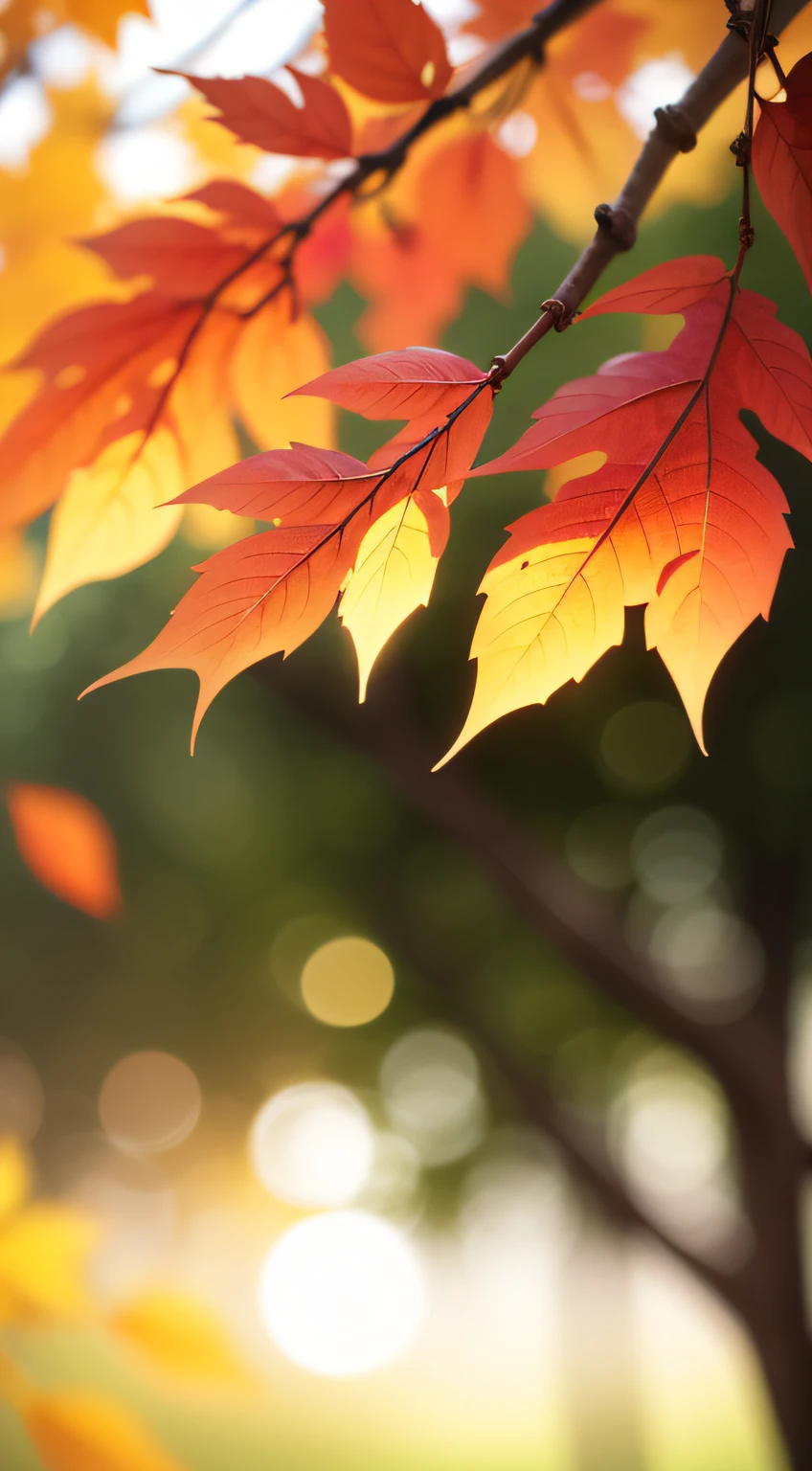 Colored leaves、Up、8K、top-quality、Delicate leaves、Branches in the sun、Hang sunlight on the leaves、Photorealsitic、Natural soft light、Hyper-detail s upwards、Background blur、