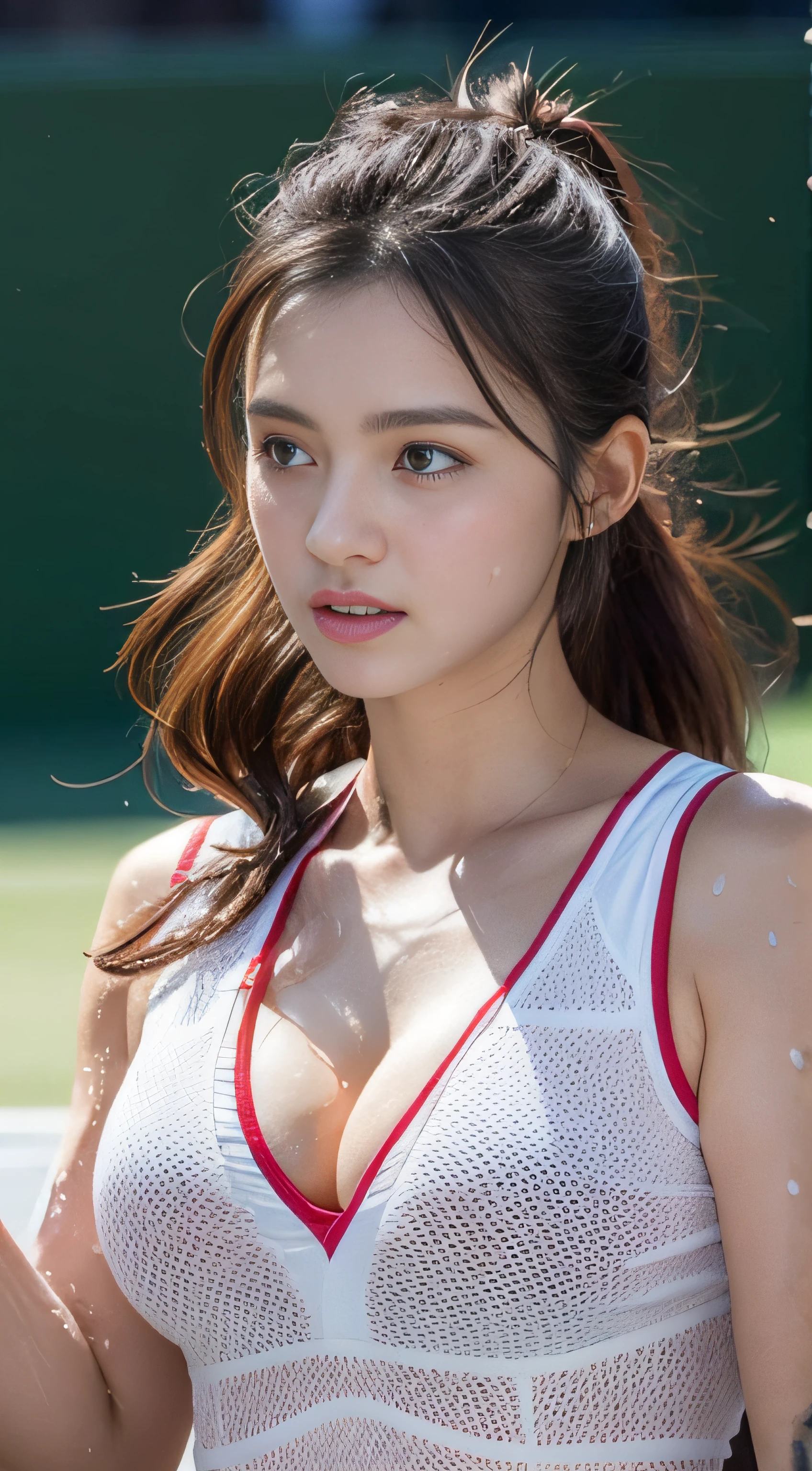 Highly detailed CG Unity 8K wallpaper, With the highest quality, super detailed, Master Pieces, Realistic, photograph realistic, extremely detailed cute girl, 25 years old, (Tennis Wear), Miniskirt, ((perspired)), (((Sweaty skin))), blush , Round eyes, super size breasts, looking viewer, Cowboy Shot , tennis coat , eat a sandwich , Cleavage ,