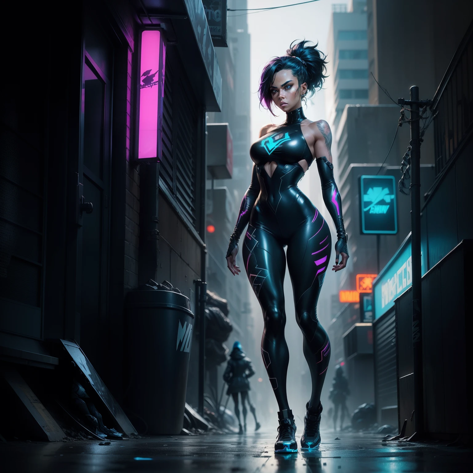 Memphis Design ((Comic Character Concept)),  1woman, standing on the sidewalk on a street corner, glowing eyes, | (waist shot:0.5), Bold Lines, Cyberpunk, 2D Line Art, urban, futuristic, dystopian, grungy, messy, moody, radiant neon colors :: Style of Benedick Bana, Henry Asencio, Russ Mills :: (Professional Quality), (Masterpiece), (Comic Style)