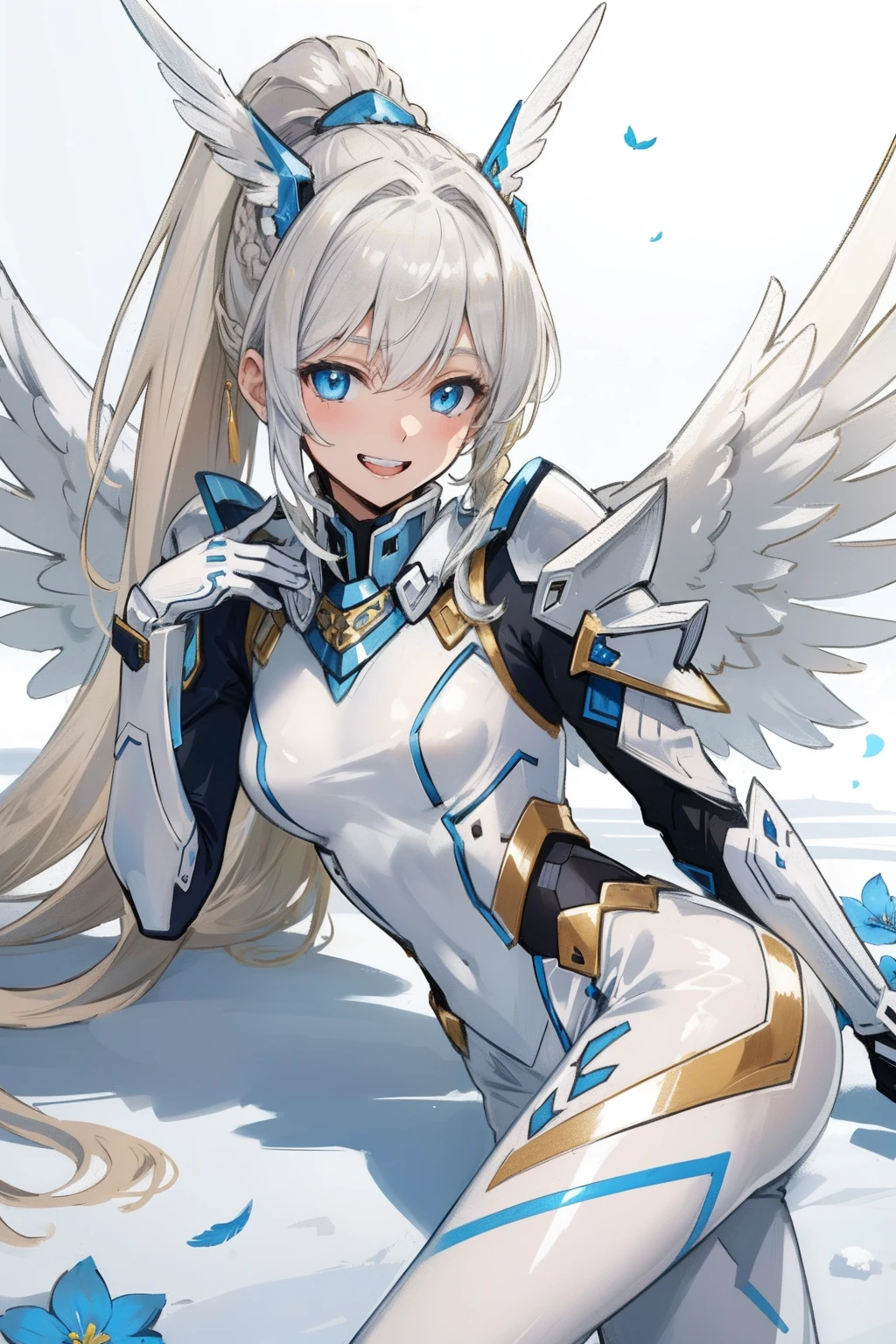 (master piece, Best Quality), Intricate details, valkyrie, kawaii, Happy, (((Laugh))), Villainous smile, Hand up, Looking at Viewer, Feather Headgear, white Balance, Lying down on flowermeadow,
1 girl in, Solo, Portrait, high ponytail, Plutinum Blonde Hair, drooping iceblue eyes, Silver Single Thigh, White Independent Single Sleeve, gloves, Single braid,
mecha musume, White bodysuit, Silver Reinforced Suit, (((magic angel Wings))), silver pantyhose, full armor, flower decoration, equip sword,