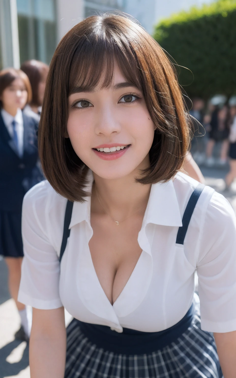 ((top-quality、8K、​masterpiece: 1.3))、Perfect Body Beauty: 1.4、Slender Abs: 1.2、Thin dress、Hands behind、crouching down、Slightly exposed panties、Exposed cleavage、18year old、((top-quality、8K、​masterpiece:1.3))、1girl in、full body Esbian、Slim Faces、Pretty women、(Dark brown short-cut hair)、 dress:1.1、hyperdetailed face、A detailed eye、二重まぶた、blured background、Slim Faces、takeout、a street、Highly detailed facial and skin texture、A detailed eye、二重まぶた、A smile:1.5、(Colossal :1.3)、hyperdetailed face、very detailed lips、、tongue、toward to the camera、opens legs、top-quality、​masterpiece、超A high resolution、(Photorealsitic:1.4)、Cosplay、hi-school girl、student clothes、Check skirt、Pubic hair is visible、No panties、Boldly pull up the skirt、Naughty Cosplay、hi-school girl、校服、wearing skirt