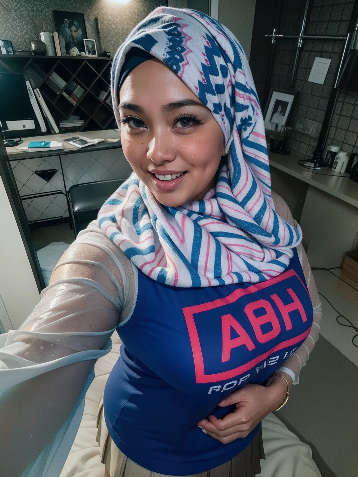 8k,RAW Photo, best quality, masterpiece: 1.2,Realistic photos of young malay women,sweat body, cute, horny, pov, naked, big breast, pinky nipple, (((piercing))),(( playboy megazine cover style)),