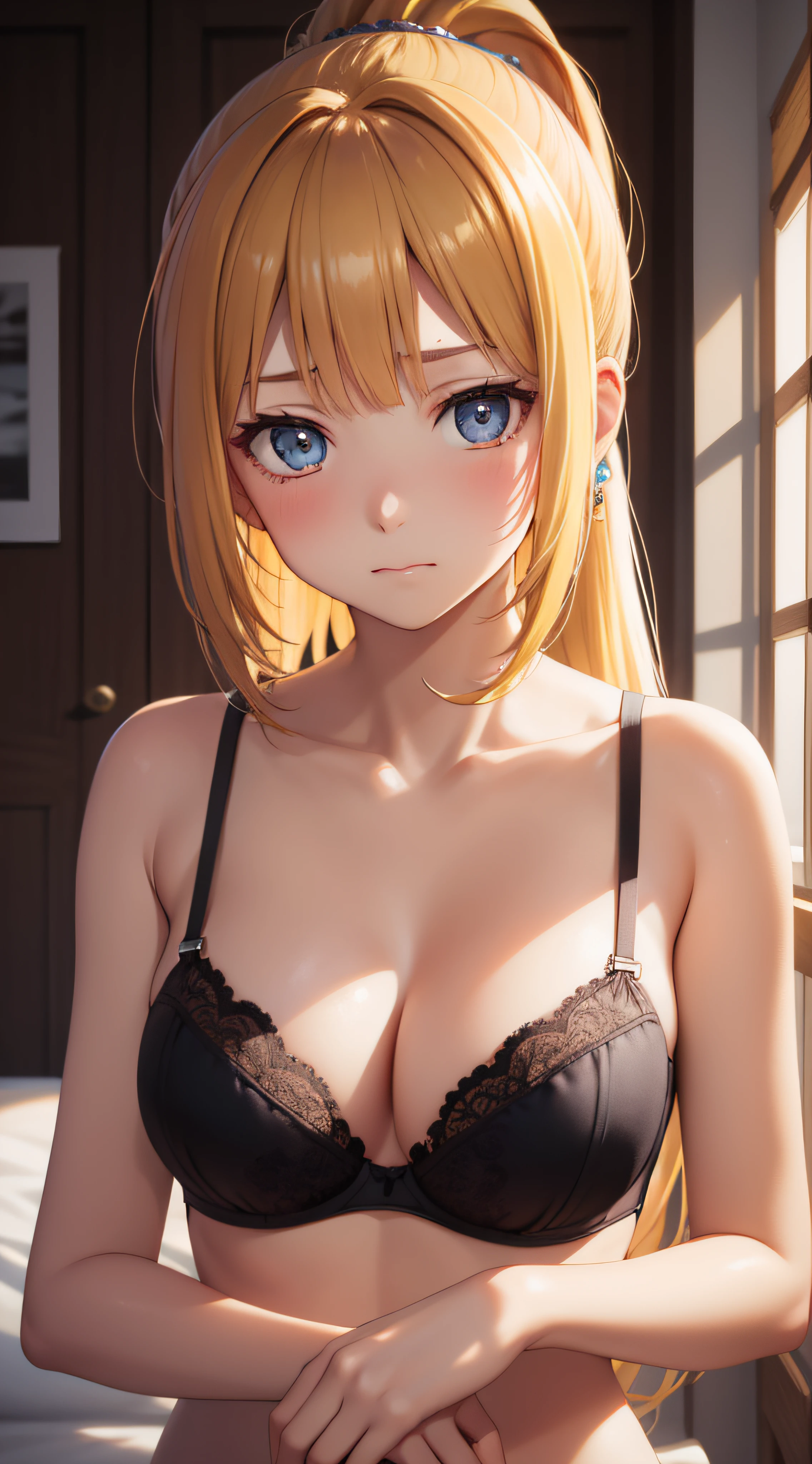 1karuizawa kei, kei karuizawa, 1gril, solo, beautiful female, cleavage, medium breasts, ((black bra)), indoor, bedroom, sitting on a bed, long hair, hair bangs, ((blonde hair, single ponytail)), long hair, lonely, natural light, ((close up, POV)), dynamic angle, masterpiece, best quality, high details, high quality, accurate, perfect pixel, textured skin, UHD, blushing, sad expression, beautiful eyes, detailed eyes, multicolor eyes, glowing eyes, perfect hands, perfect anatomy
