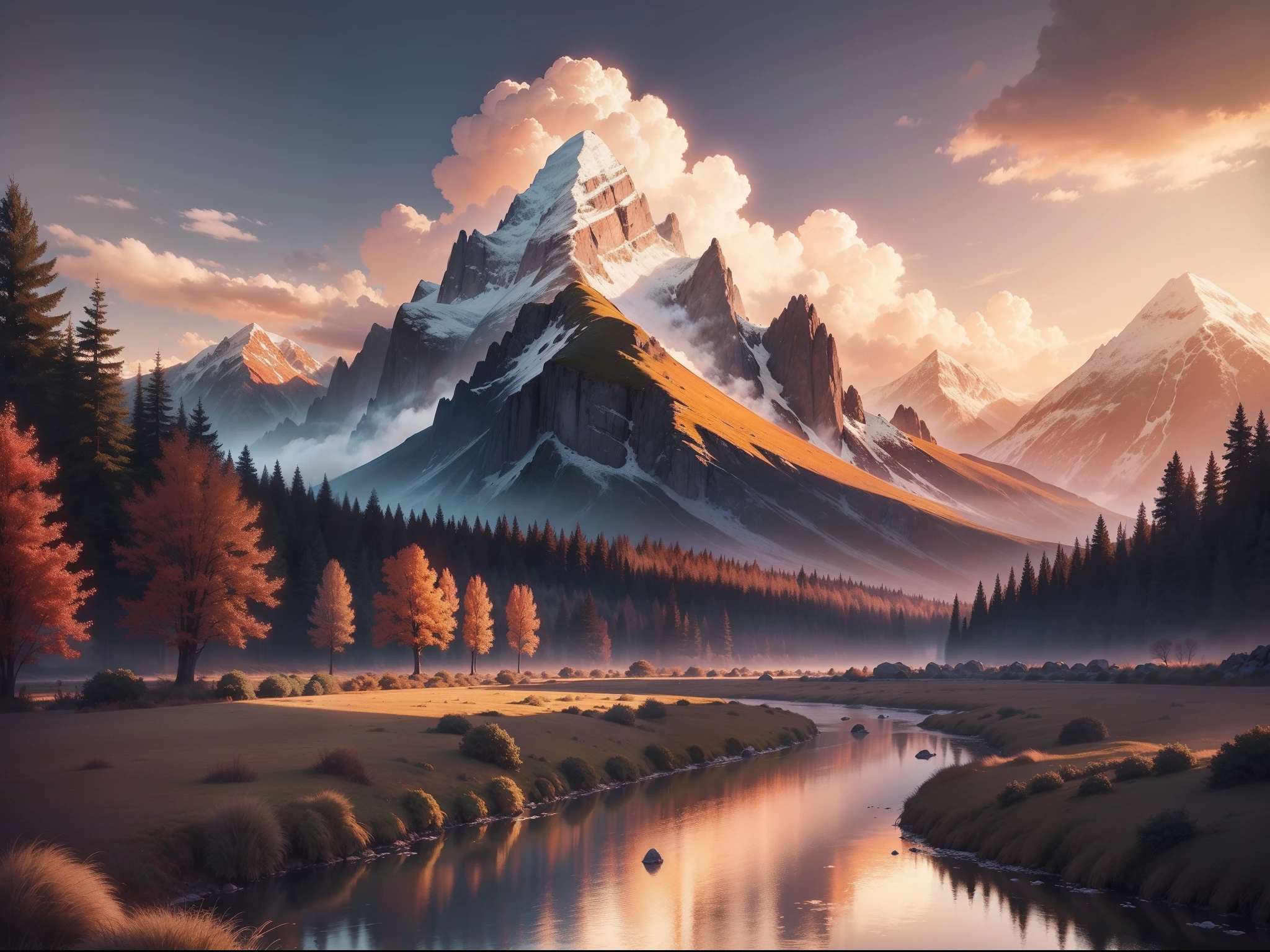 "Un magnifique coucher de soleil sur une plaine verdoyante, (background : la montagne solitaire de Thorin, le Hobbit JRR Tolkien) A quiet river meanders below, with vibrant colors and a soothing atmosphere. The sky is illuminated with warm shades of orange, rose et pourpre, while majestic clouds float gently in the distance. The scene exudes tranquility and wonder at the beauty of nature. Vue panoramique, 16K, Extremely detailed, Photo RAW, HDR, high resolucion.