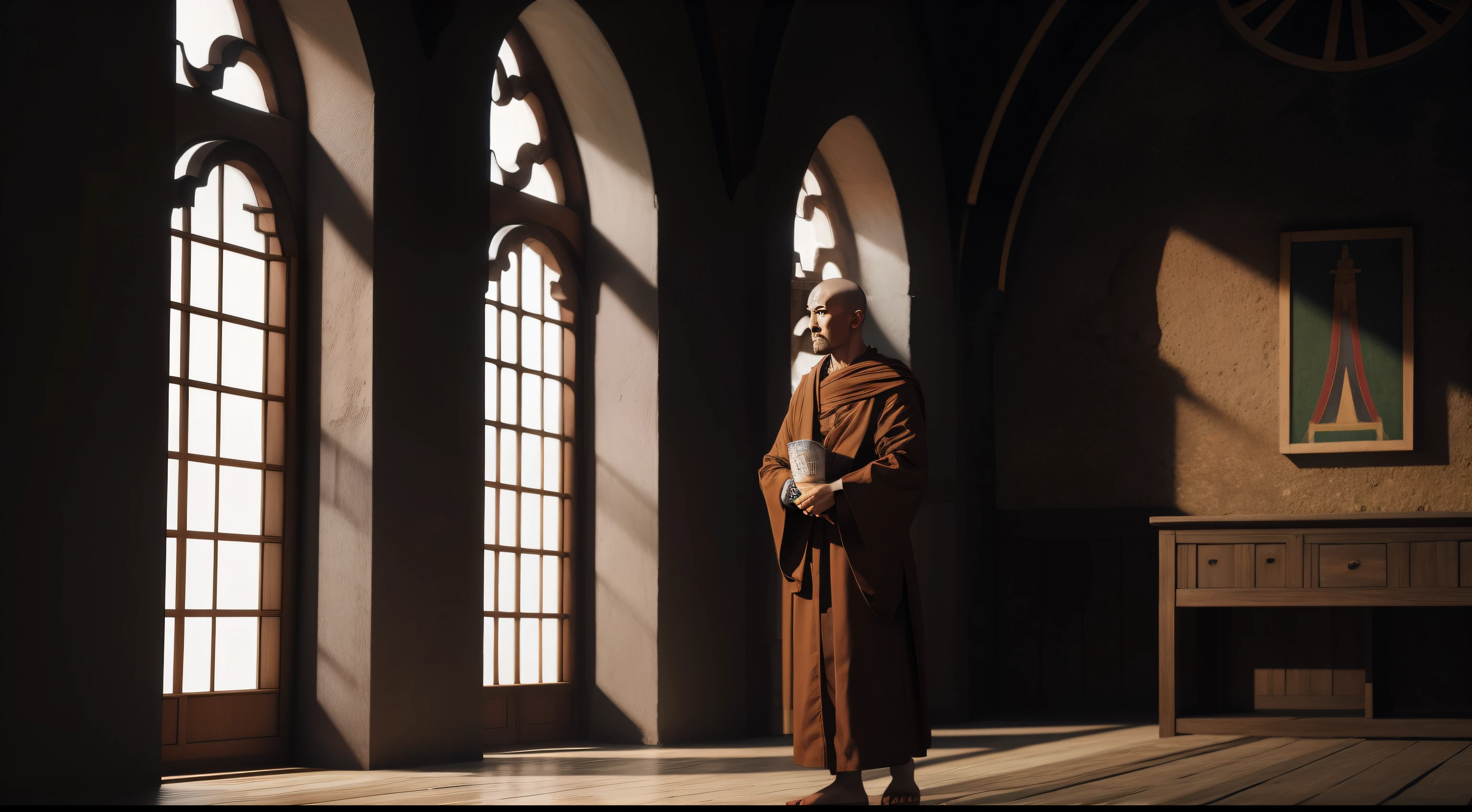 A monk in a monastery, animated style, high quality