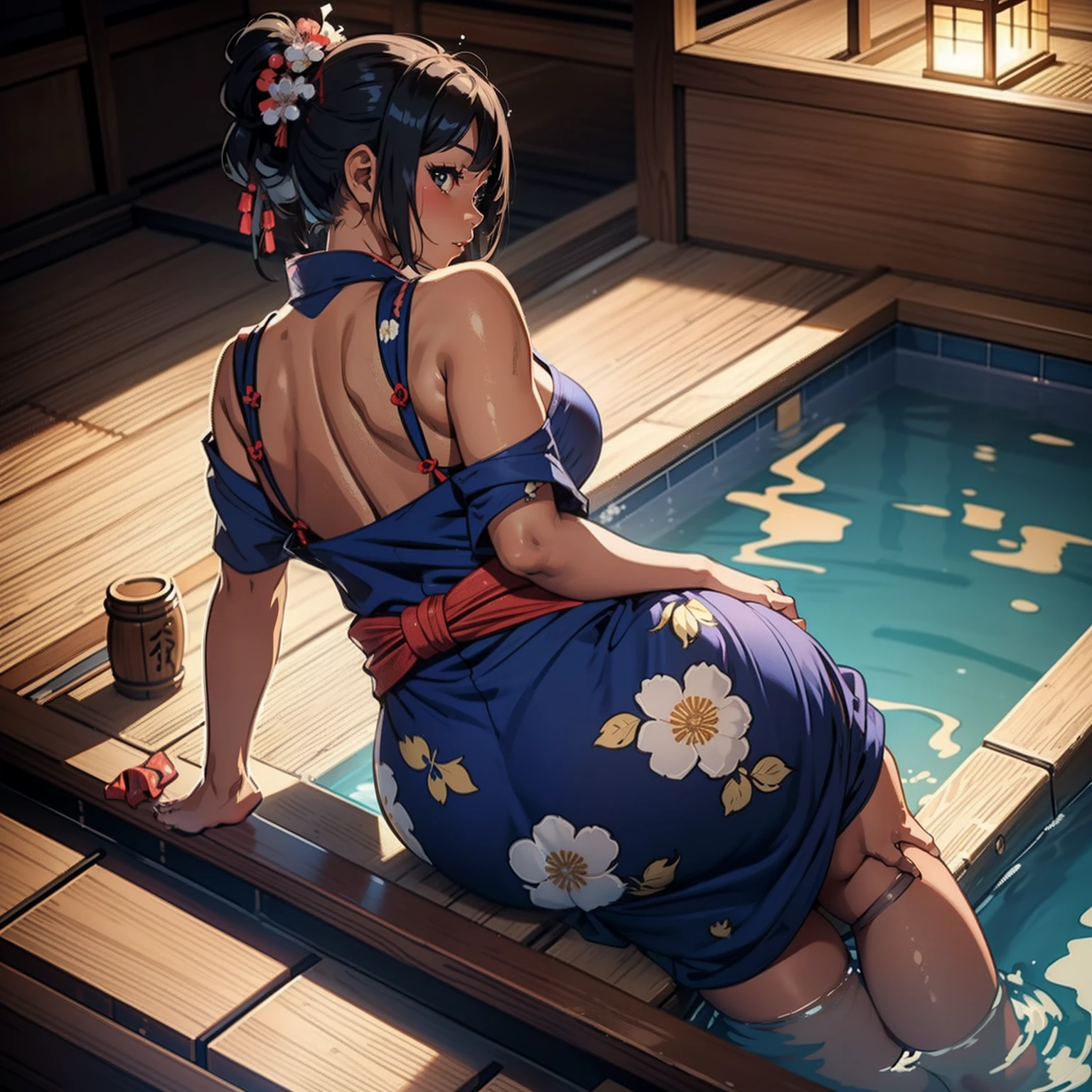 there is woman that in onsen,(((A MILF: 1.4))), (Curvy:1.35),(((Dark skin))),Curvy physique,, Thick body，((big nipple)),((Completely naked)), (((spread ass under yukata))),((opened yukata)),((pubic hair)), ((bare shoulders​)),sakimichan, model in Japan，((Sexual suggestiveness)),