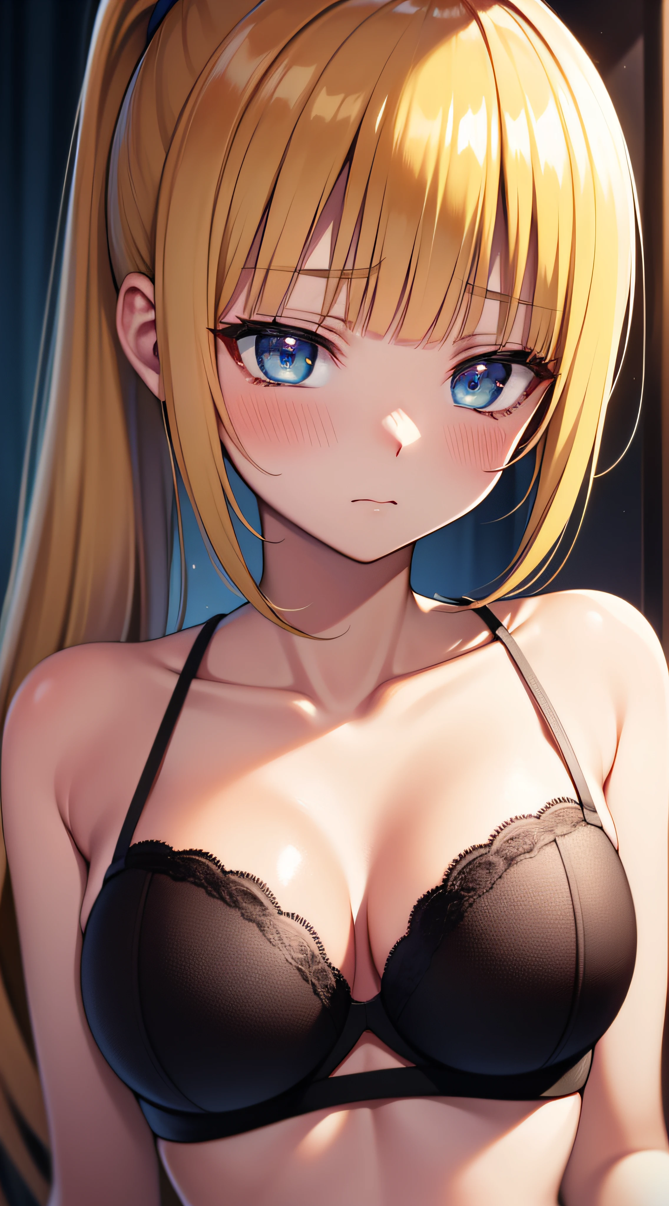 1karuizawa kei, kei karuizawa, 1gril, solo, beautiful female, cleavage, medium breasts, ((black bra)), indoor, bedroom, sitting on a bed, long hair, hair bangs, ((blonde hair, single ponytail)), long hair, lonely, natural light, ((close up, POV)), dynamic angle, masterpiece, best quality, high details, high quality, accurate, perfect pixel, textured skin, UHD, blushing, sad expression, beautiful eyes, detailed eyes, multicolor eyes, glowing eyes, perfect hands, perfect anatomy