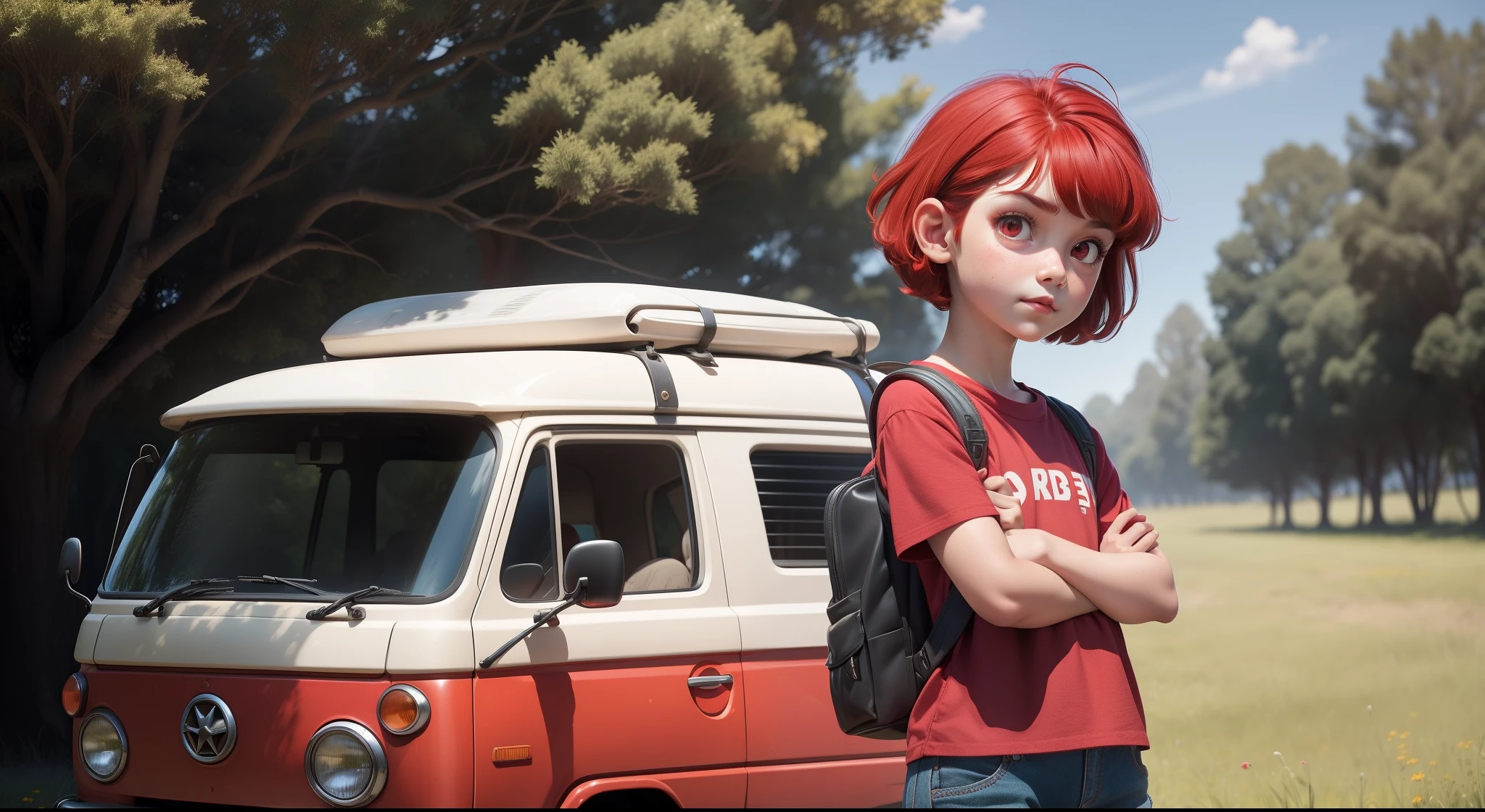 girl with short red hair, fringe, red eyes, with red clothes, red shirt, wearing a backpack, leaning against a green kombi van,, in a field with trees, style of a Disney Pixar cartoon