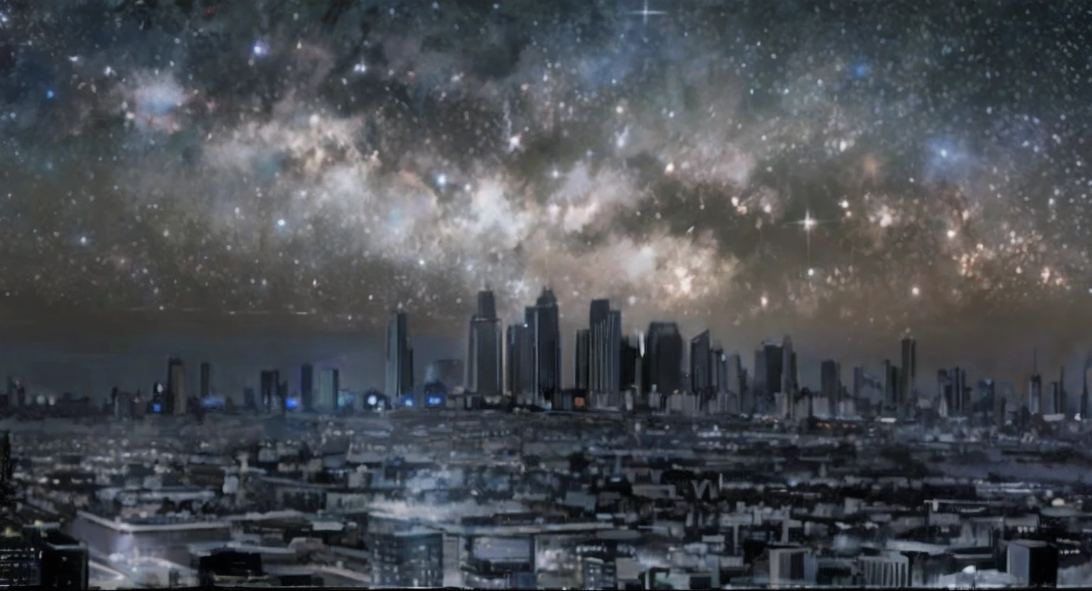 superfine illustration, Best Quality, A shimmering canopy of stars fills the night sky, a fantastical expanse that gleams with ethereal brilliance. Beneath lies a cityscape, its buildings enshrouded in darkness, devoid of any lights. The buildings stand in complete obscurity, casting an enigmatic contrast against the luminous heavens above