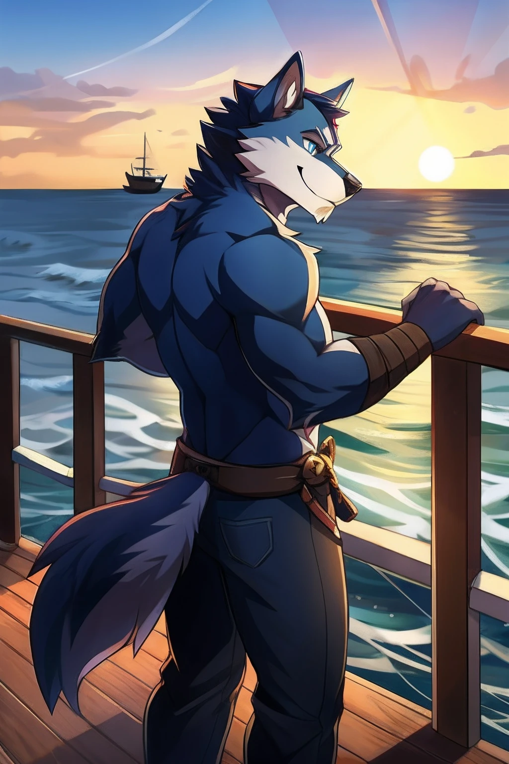 Blue wolf orc,Wolf ears,Wolf tail,Hold a long sword in your right hand,The left hand holds the railing, He looked out to sea from the boat,blue color eyes,ssmile,Twilight Hour