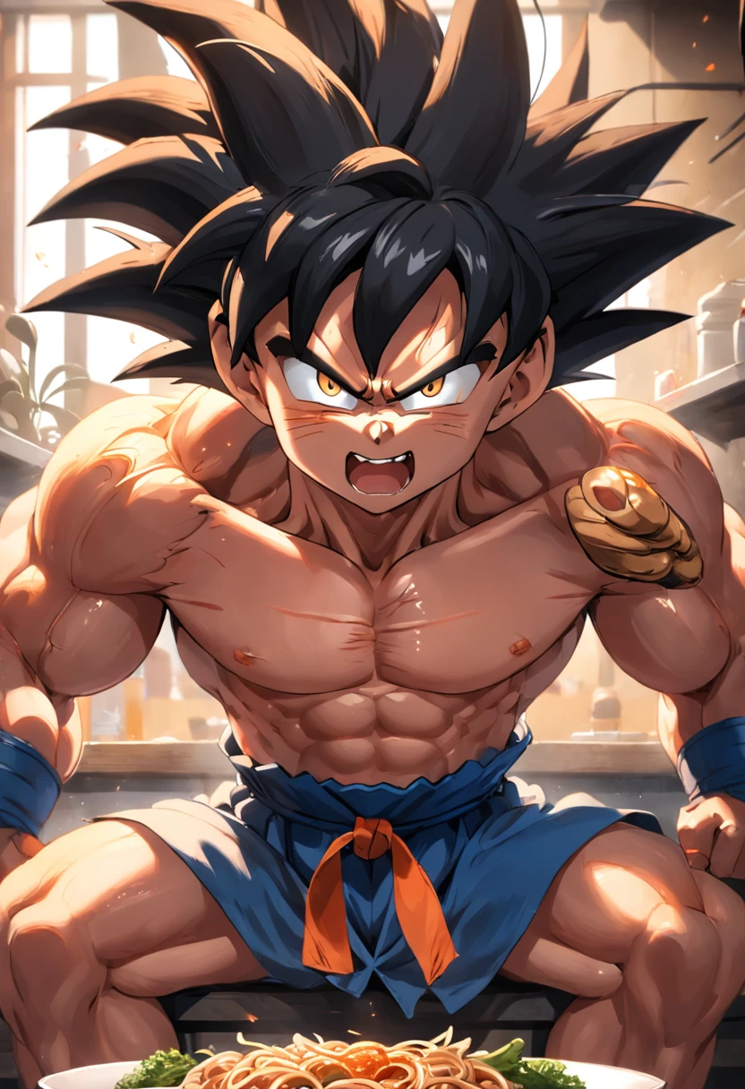 Dragon Ball Goku，Great ape, full body portrait，of a real，Facial features are carefully depicted，Realistic skin texture，Dark style，depth of fields，high light，Real light，Ray traching，oc rendered，Hyper-realistic，best qualtiy，8K，Works of masters，super-fine，Detailed pubic hair，Correct anatomy，sharp focus on eyes，facial features are carefully depicted. Goku Disfrutando de Fideos Chinos en un Restaurante" Description: En un restaurante acogedor con toques orientales, Goku, el famoso guerrero saiyajin, se encuentra en la cocina, rodeado de aromas deliciosos. Dressed in his iconic martial arts uniform, Goku is sitting on a high stool in front of a kitchen counter.. A cup of steaming Chinese noodles rests in front of him, mientras sostiene los palillos con destreza. With a smile of anticipation, Goku se dispone a saborear los fideos con entusiasmo. His fellow Z warriors meet at a nearby table, Observing with amusement his encounter with terrestrial cuisine. Behind him, los chefs del restaurante, ataviados con sus uniformes tradicionales, They watch with admiration the legendary fighter as he enjoys the meal. The atmosphere is full of warmth and camaraderie, despite the epic adventures that Goku and his friends regularly face. Soft lighting enhances the scene, making the colors of the ingredients and the decoration of the restaurant shine with a cozy luminosity. La imagen captura un momento inusual y relajado en la vida de Goku, showing his most human side while enjoying an earthy meal in the midst of his amazing exploits.