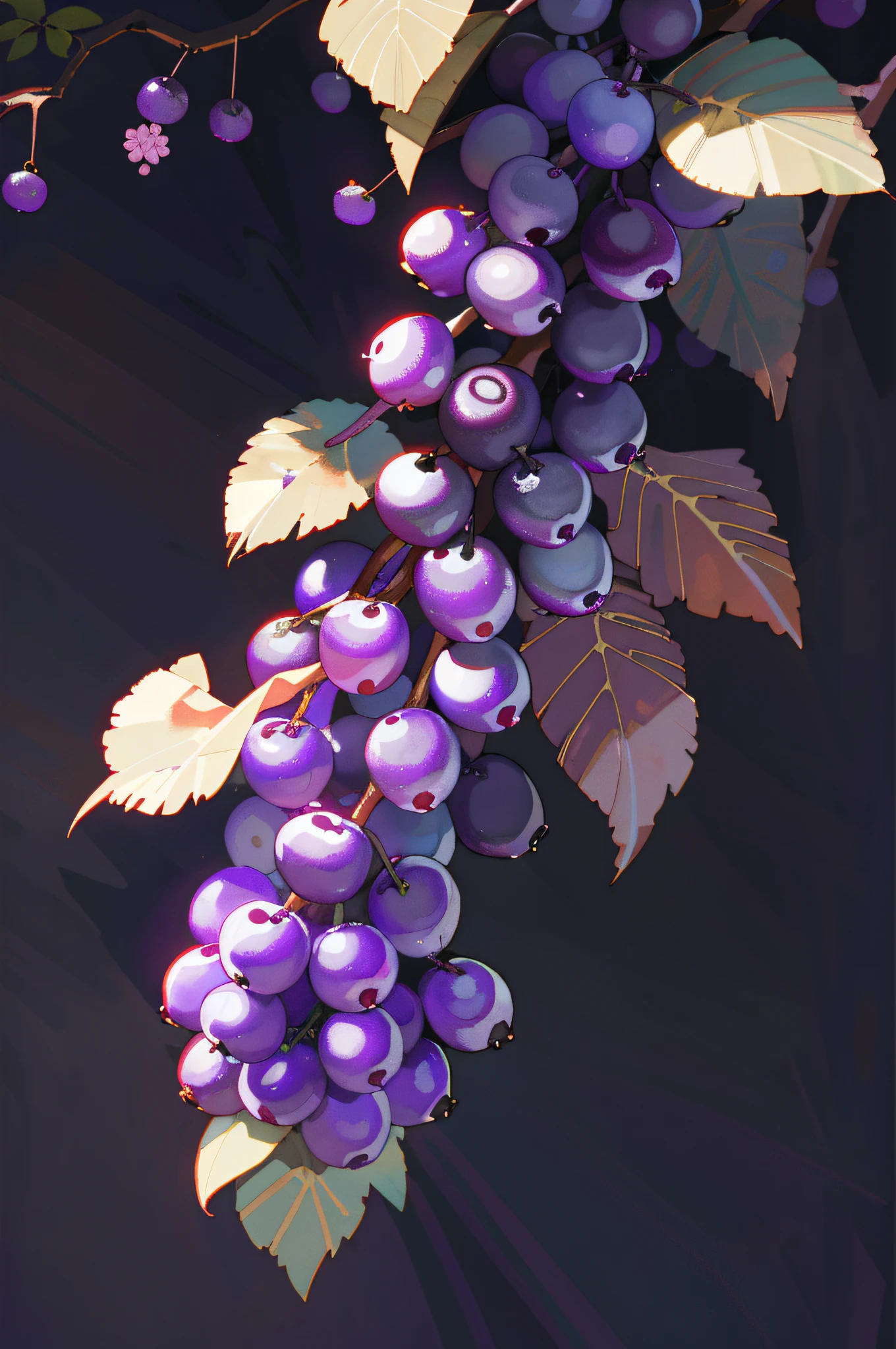 A bouquet of purple acai hanging from a tree, Stroke illustration style rendering