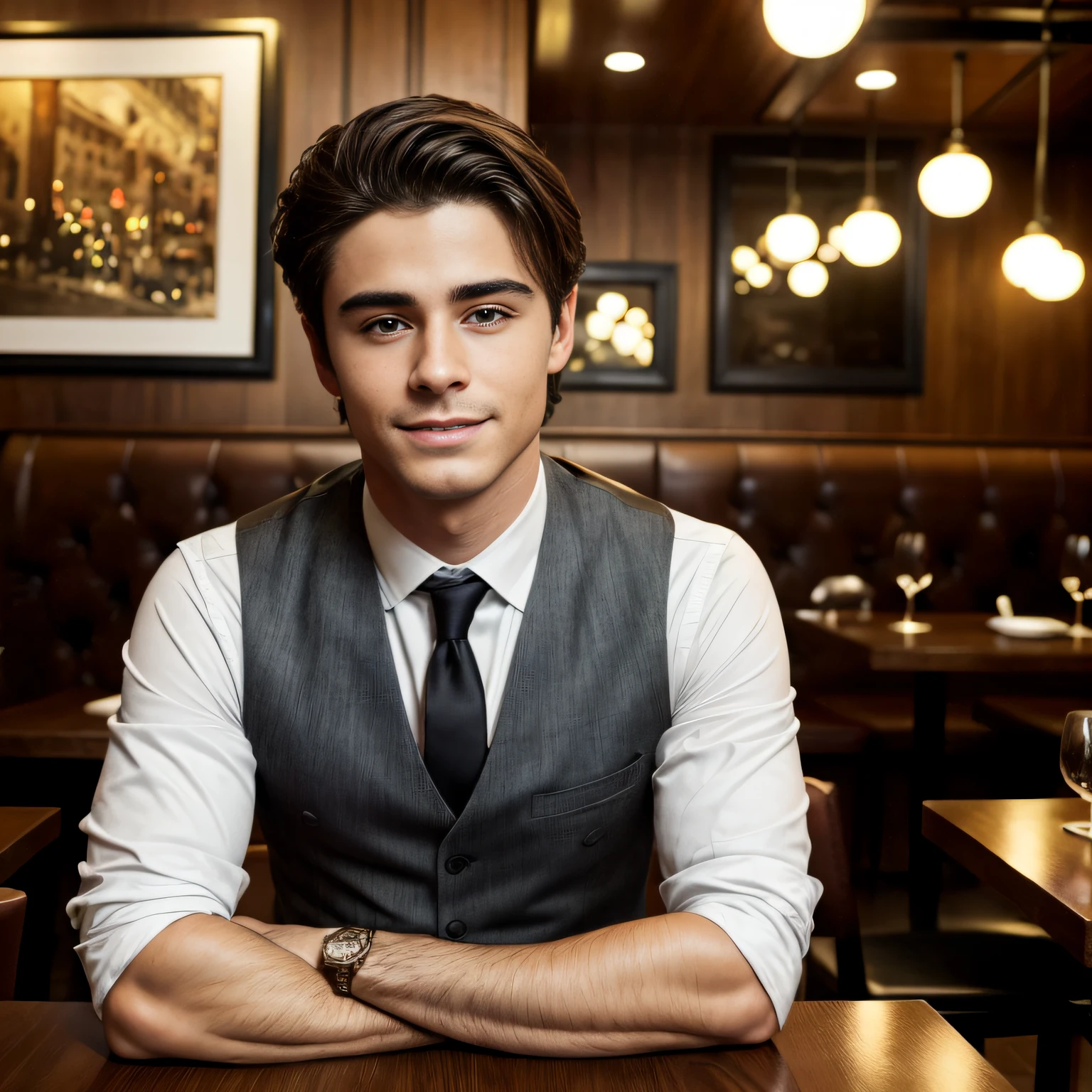 Portrait of A confident-looking Spanish man, 25 years old sitting at restaurant, with vest, leather shoes, hazel eyes, smooth face, hairstyle same as zac efron, cute smile on face, square jaw, dark hair, perfect composition, restaurant background, bokeh, hyper-realistic, super detailed, 8k, high quality, trending art, trending on artstation, sharp focus, restaurant photo, intricate details, highly detailed, art by greg rutkowski