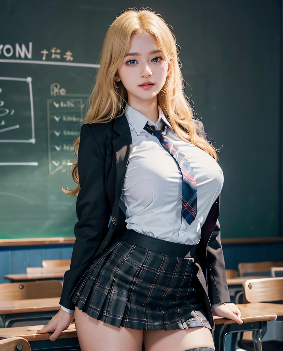 1girl, (Blue Eyes), smiling, (Sana Minatozaki), wide hips, Big Boobs, big ass, (Best Quality, 8k, Masterpiece: 1.3), Clear Focus: 1.2, Perfect Body Beauty: 1.4 , Slender Abs: 1.2, Highly detailed face and skin texture, detailed eyes, double eyelids, (blonde long hair), (Blazer uniform brown), (school shirt), (plaid skirt), (tie black), (thigh high cover stockings), look back, (lifting her skirt showing her panties :1.3), blackboard background, (in a classroom)