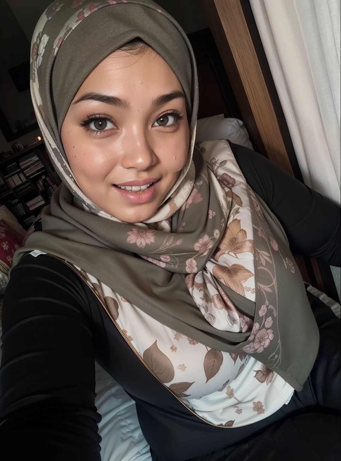 Portrait photo of a matured chubby malay girl, curvy, (laughing:1.2), hijab,malaysian, posing, look at a camera, nerd, spectacle, wear white shirt and short pleated skirt, wearing glasses, full body, room background, big breast,nighttime, backlit, epic realistic, hyper detailed, detailed skin texture, mole below eye, natural skin texture, mole in body, insane details, intricate details, accent lighting, soft volumetric light, bokeh, (dramatic light:1.2), (neutral colors:1.3), cross process, living room background, ((detailed realistic face and eyes)), good lighting, 8K resolution, Legs Wide Open, spread Legs, lying on bed, Liquid from the Crotch, Blushing, fat, wet body, wet cleavage, very wet body with water,