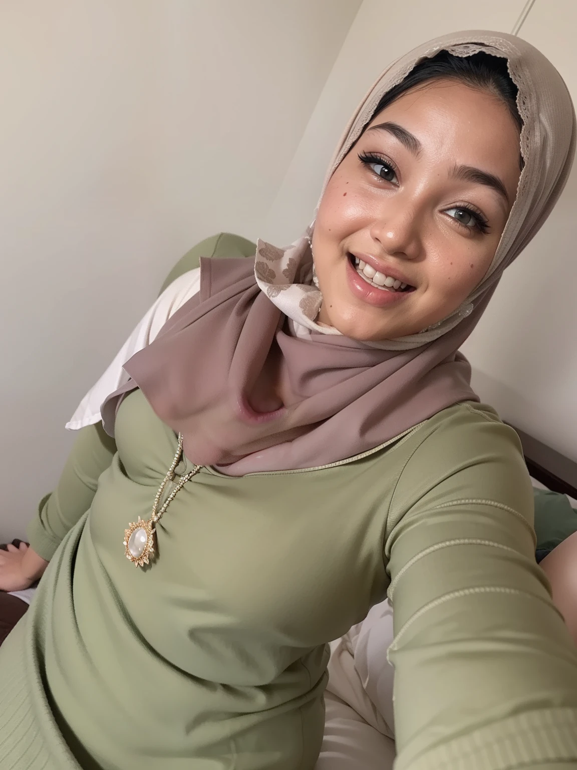 Portrait photo of a matured chubby malay girl, curvy, (laughing:1.2), hijab,malaysian, posing, look at a camera, nerd, spectacle, wear white shirt and short pleated skirt, wearing glasses, full body, room background, big breast,nighttime, backlit, epic realistic, hyper detailed, detailed skin texture, mole below eye, natural skin texture, mole in body, insane details, intricate details, accent lighting, soft volumetric light, bokeh, (dramatic light:1.2), (neutral colors:1.3), cross process, living room background, ((detailed realistic face and eyes)), good lighting, 8K resolution, Legs Wide Open, spread Legs, lying on bed, Liquid from the Crotch, Blushing, fat, wet body, wet cleavage, very wet body with water,
