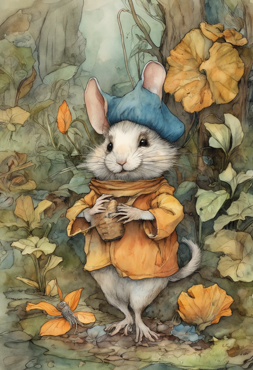 comiс style, painted in vivid watercolor, Bipedal mouse, ropa linda, ojos verdes, naranja, azul. amarillo, extremadamente detallado, Altamente detallado, obra maestra, Fondo de cuento de hadas, wonderland, Dynamic colors, Luz de cuento de hadas, por beatrix potter y Jean-Baptiste Monge, 32K UHD