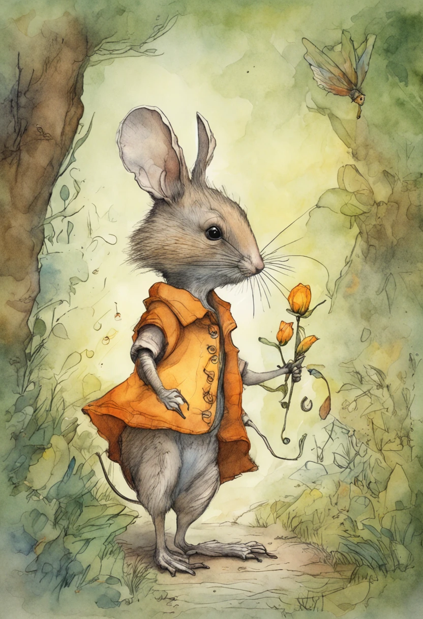comiс style, painted in vivid watercolor, Bipedal mouse, ropa linda, ojos verdes, naranja, azul. amarillo, extremadamente detallado, Altamente detallado, obra maestra, Fondo de cuento de hadas, wonderland, Dynamic colors, Luz de cuento de hadas, por beatrix potter y Jean-Baptiste Monge, 32K UHD