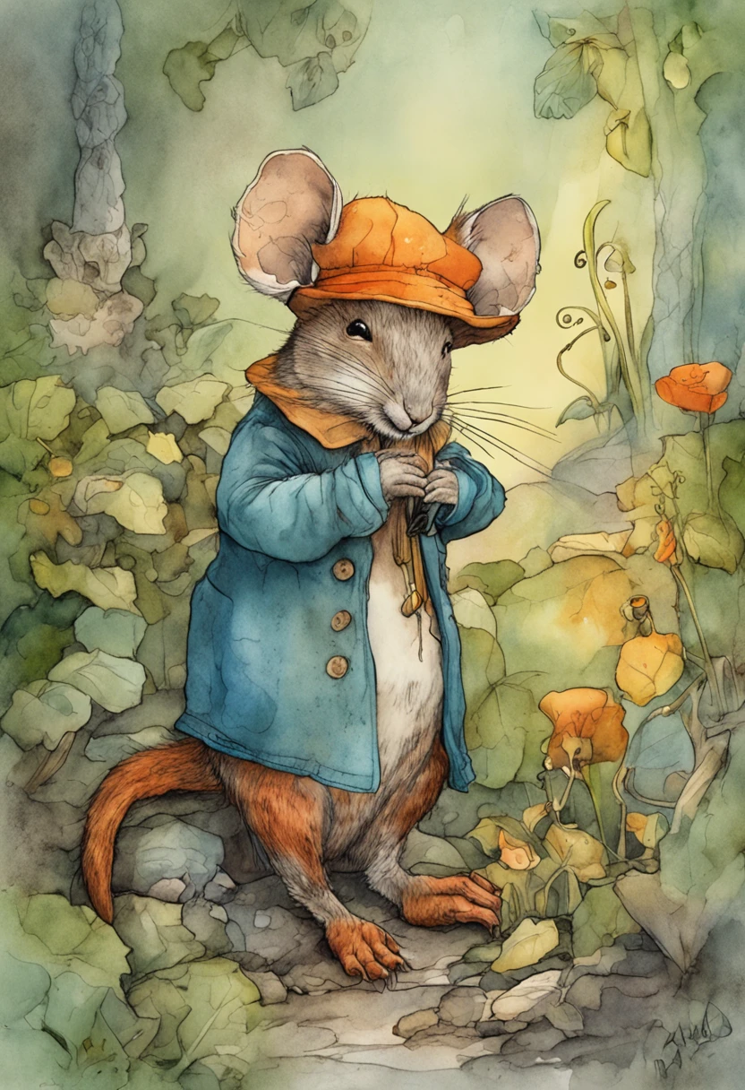 comiс style, painted in vivid watercolor, Bipedal mouse, ropa linda, ojos verdes, naranja, azul. amarillo, extremadamente detallado, Altamente detallado, obra maestra, Fondo de cuento de hadas, wonderland, Dynamic colors, Luz de cuento de hadas, por beatrix potter y Jean-Baptiste Monge, 32K UHD