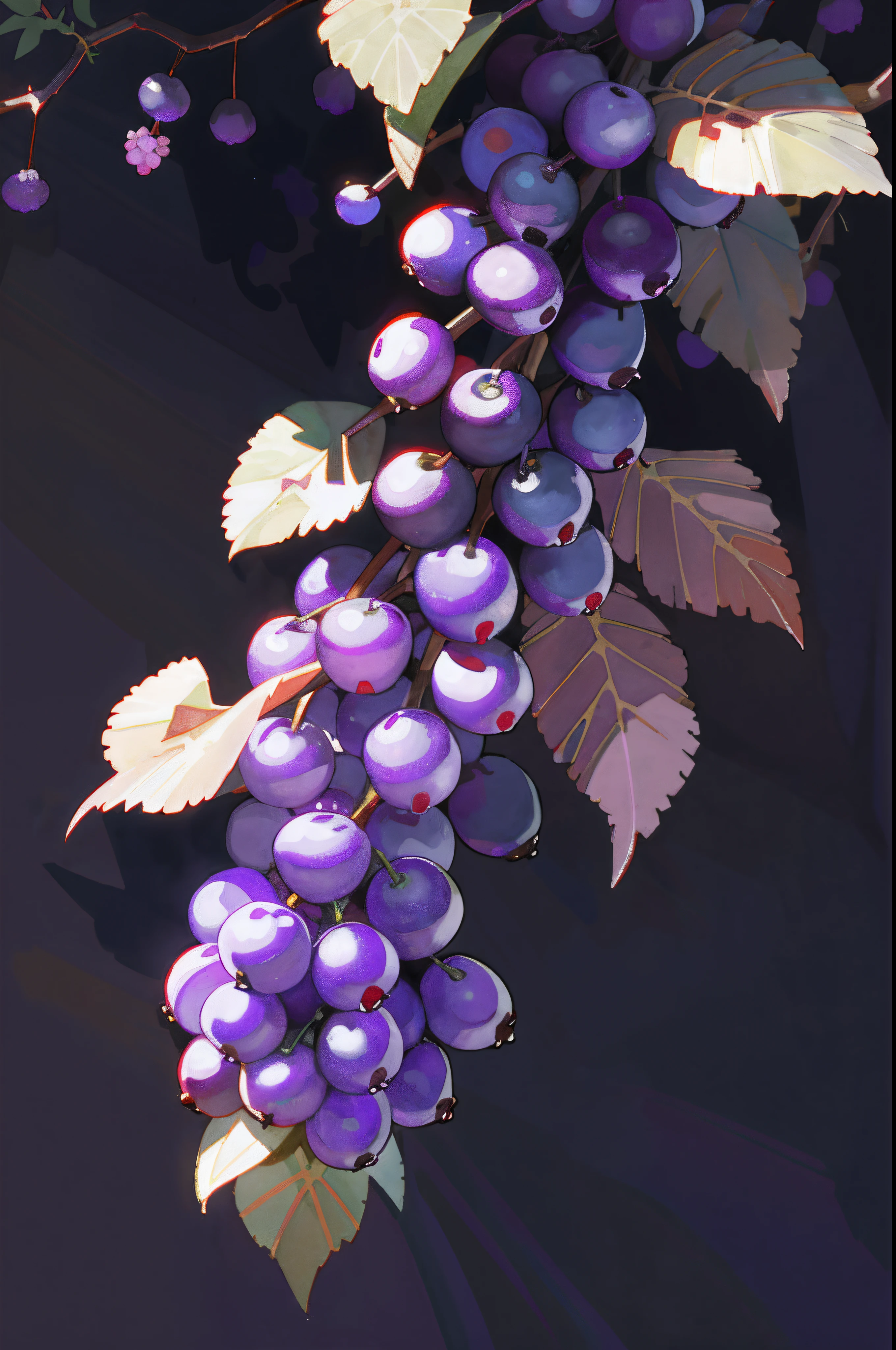 A bouquet of purple acai hanging from a tree, Stroke illustration style rendering