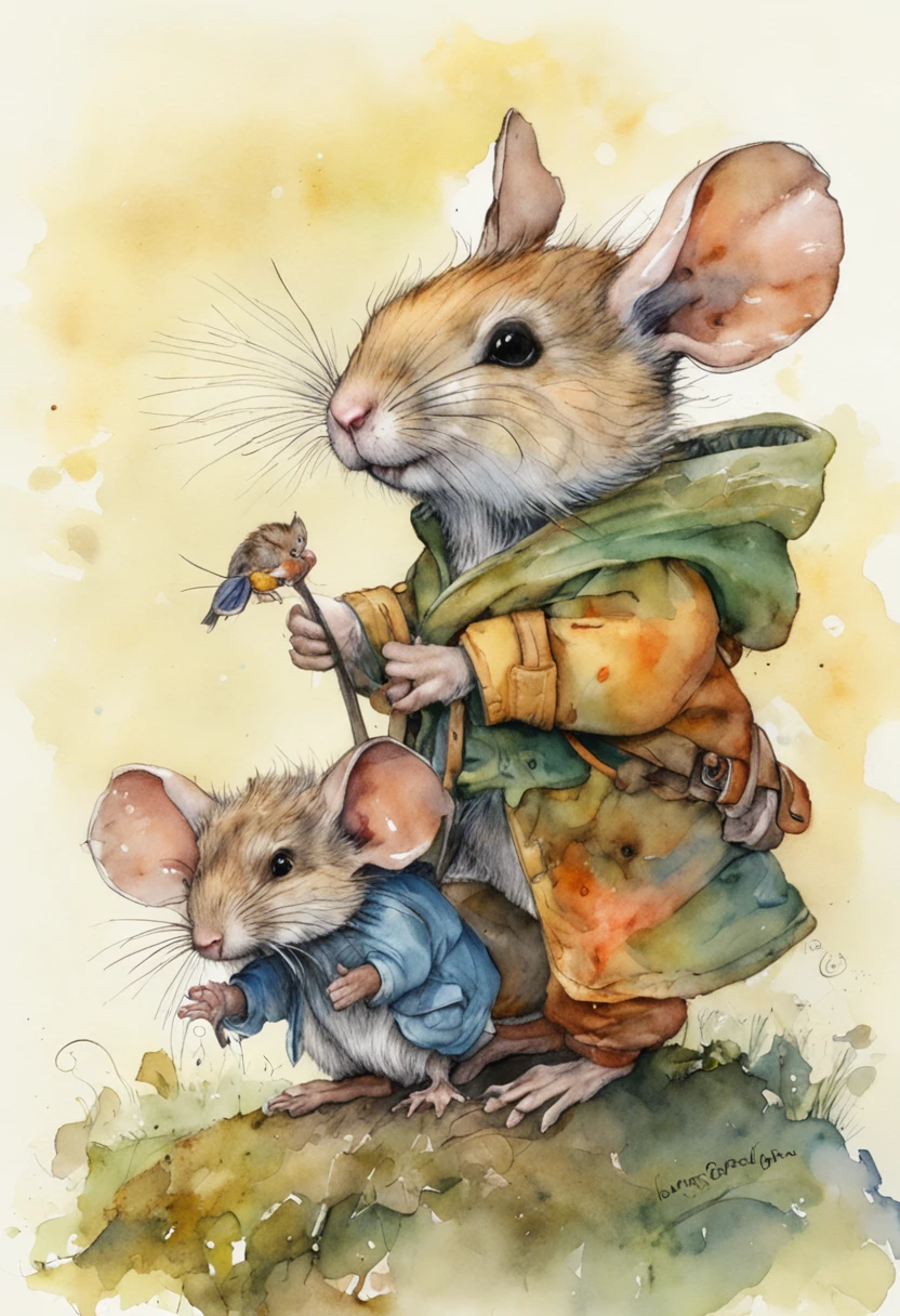 comiс style, painted in vivid watercolor, Bipedal mouse, ropa linda, ojos verdes, naranja, azul. amarillo, extremadamente detallado, Altamente detallado, obra maestra, Fondo de cuento de hadas, wonderland, Dynamic colors, Luz de cuento de hadas, por beatrix potter y Jean-Baptiste Monge, 32K UHD