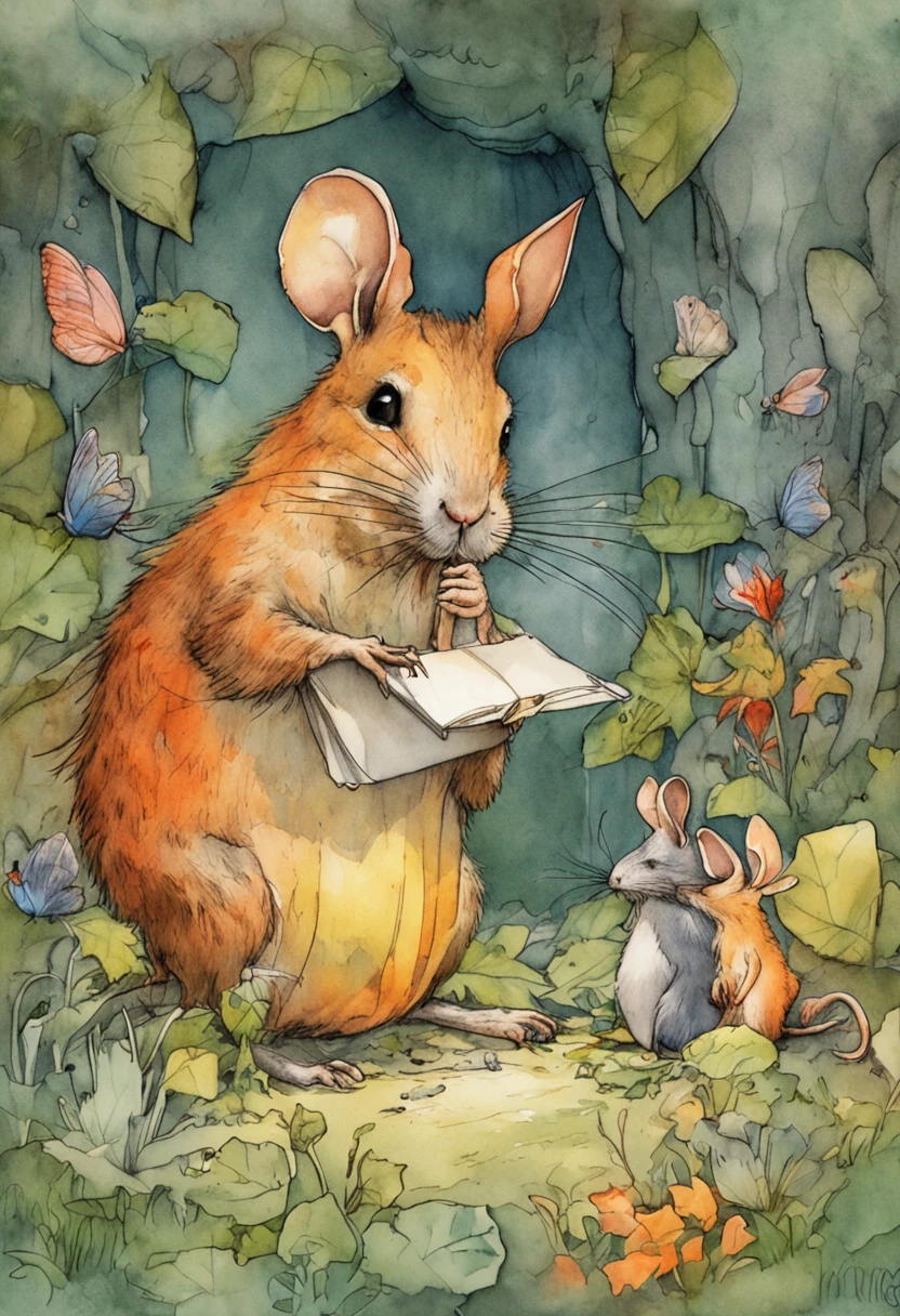 comiс style, painted in vivid watercolor, Bipedal mouse, ropa linda, ojos verdes, naranja, azul. amarillo, extremadamente detallado, Altamente detallado, obra maestra, Fondo de cuento de hadas, wonderland, Dynamic colors, Luz de cuento de hadas, por beatrix potter y Jean-Baptiste Monge, 32K UHD