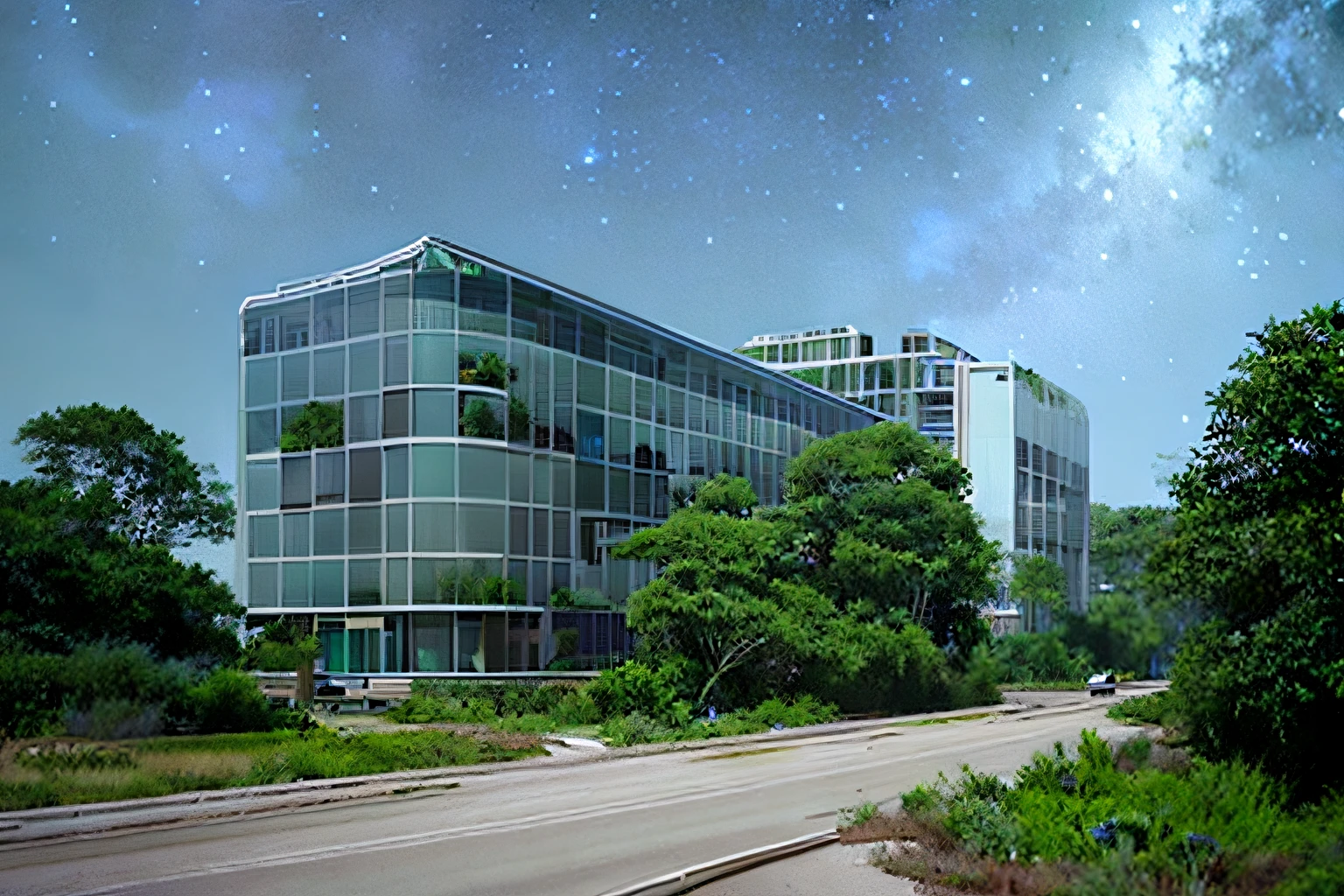 Large glass building, Overgrown plants Full shot of scenery Abandoned cities crawling with green vegetation，Brilliant starry sky at night