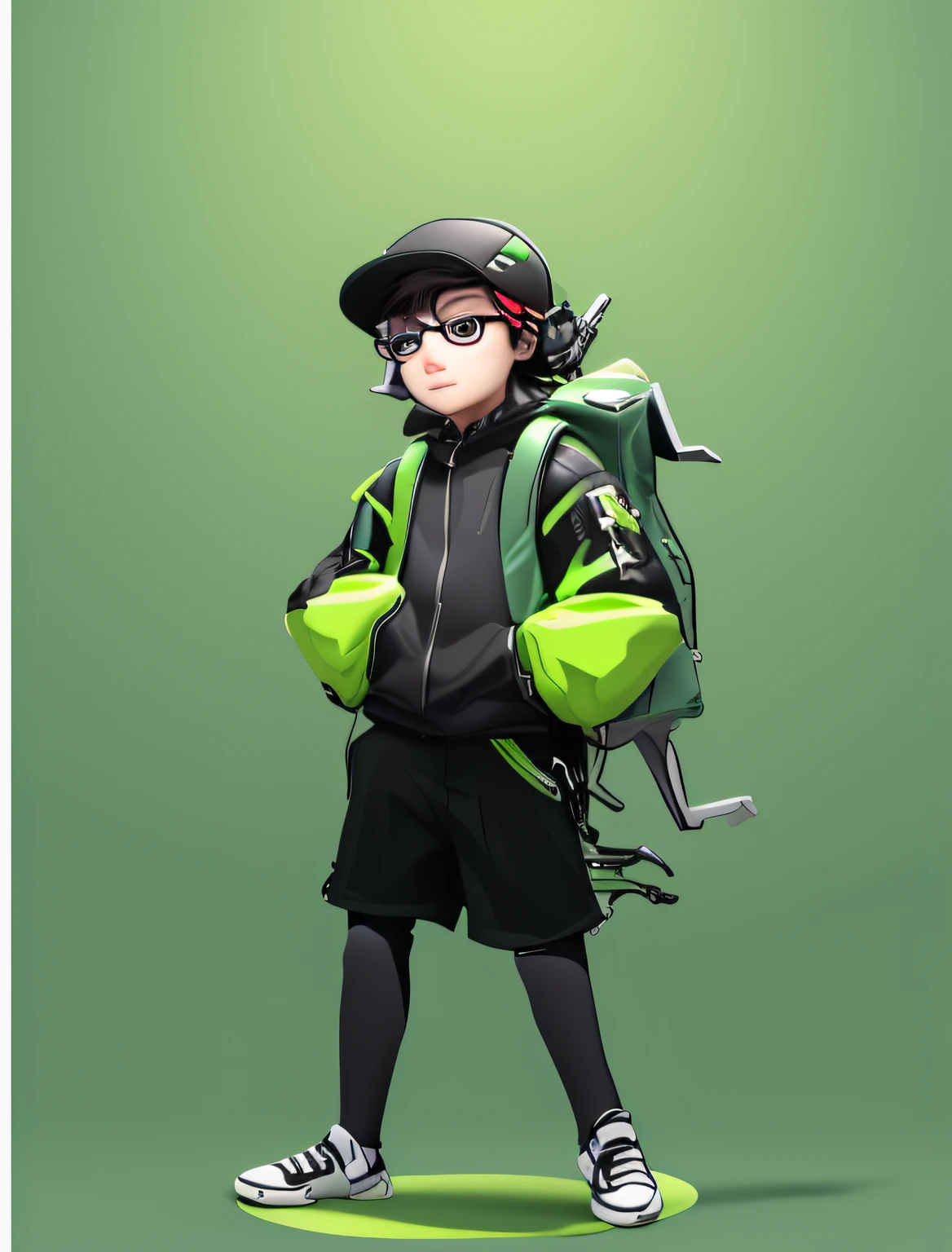Fashion brand cartoon IP image,male teenager,Black and fluorescent green,Cyberponthe。Cartoon boy with backpack and glasses standing in front of gray background, made with anime painter studio, anime style character。