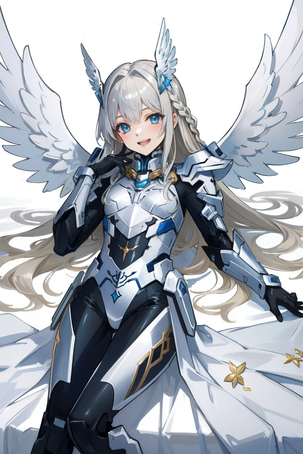 (master piece, Best Quality), Intricate details, valkyrie, kawaii, Happy, (((Laugh))), Villainous smile, Hand up, Looking at Viewer, Feather Headgear, white Balance, Lying down on back, flower meadow, flat breast, 22yo,
1 girl in, Solo, Portrait, Plutinum Blonde Hair, droopy eyes, silver Single Thigh, silver Independent Single Sleeve, silver gloves, braid,
mecha musume, silver bodysuit, silver Reinforced Suit, (((Astral angel Wings))), pantyhose, silver full armor, flower decoration,