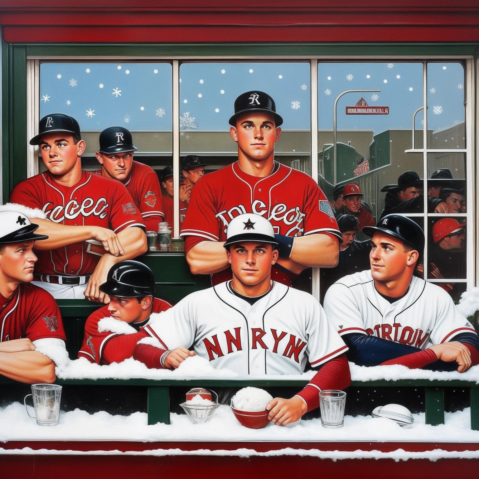 Retro restaurant with white painted snowflakes on the windows, baseball players looking through the window, Micky mantel, in the style of Norman Rockwell