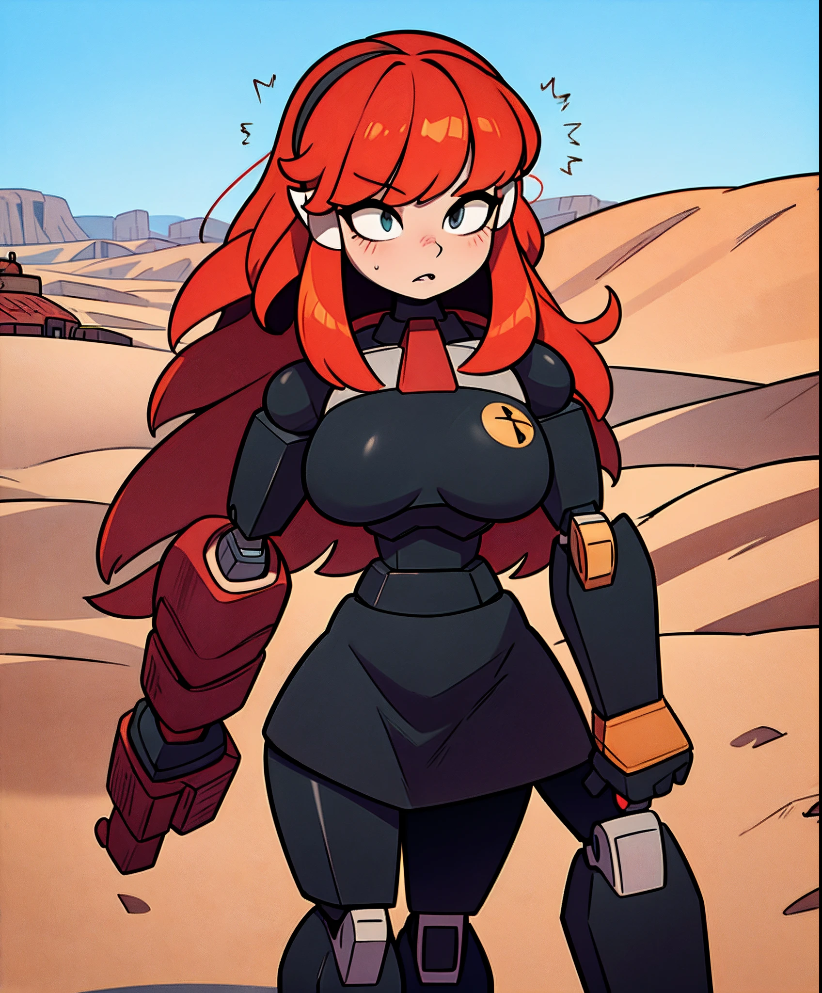 Masterpiece, high quality: a close up of a cartoon character holding a gun, mecha asthetic, female mecha, # mecha, mecha suit, mecha anime, mecha inspired, mecha animal, full body mecha suit, mecha art, mecha anthropomorphic penguin, greek god in mecha style, cool mecha style, full body red mech, heavily armored, large black dress, tall, tall and muscular build, tall with heavy armor, armored, black skirt, tall figure wearing full armor, abandoned town in desert background, feminine figure, extremely tall,