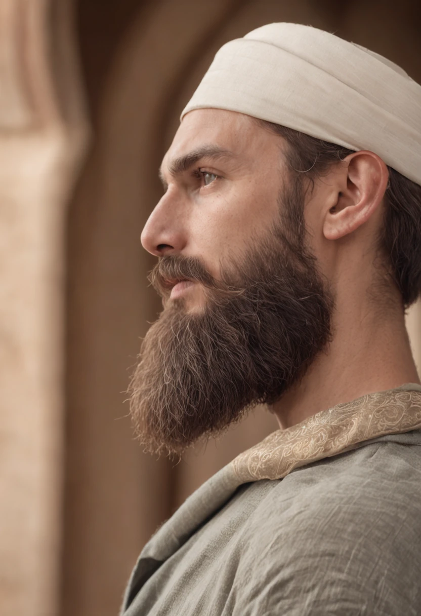 "A man with a majestic beard in a mosque, high resolution, highly detailed, a true masterpiece."