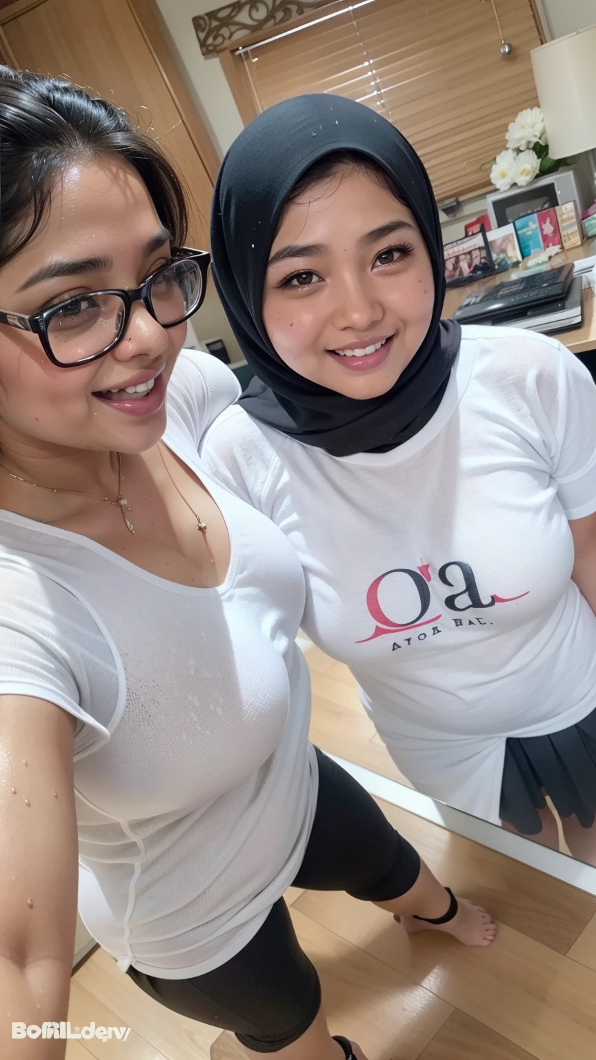 Portrait photo of a matured chubby malay girl, curvy, (laughing:1.2), hijab,malaysian, posing, look at a camera, nerd, spectacle, wear white shirt and short pleated skirt, wearing glasses, full body, room background, big breast,nighttime, backlit, epic realistic, hyper detailed, detailed skin texture, mole below eye, natural skin texture, mole in body, insane details, intricate details, accent lighting, soft volumetric light, bokeh, (dramatic light:1.2), (neutral colors:1.3), cross process, living room background, ((detailed realistic face and eyes)), good lighting, 8K resolution, Legs Wide Open, spread Legs, lying on bed, Liquid from the Crotch, Blushing, fat, wet body, wet cleavage, very wet body with water,