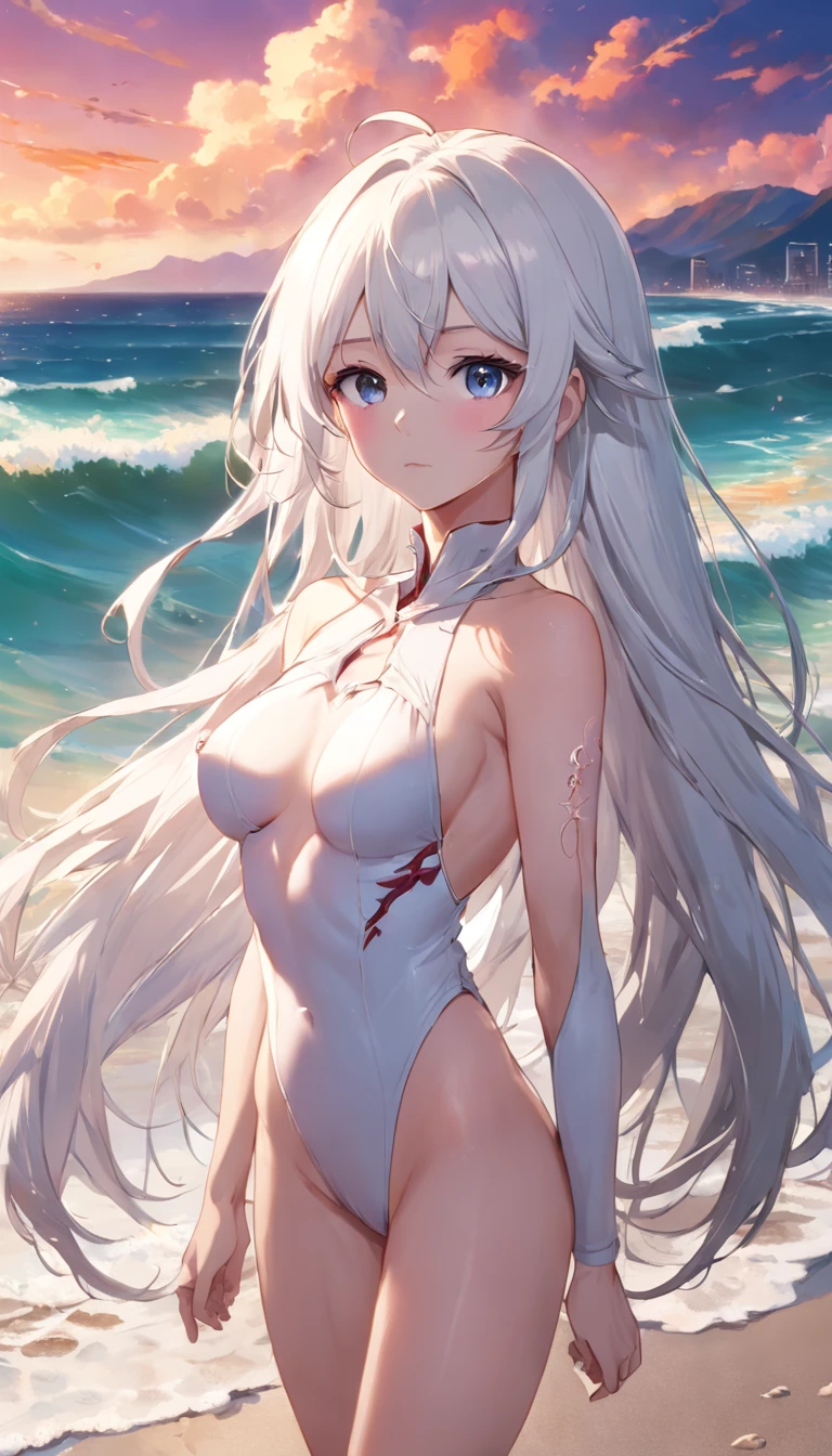 Beach，Look up，long white hair，Full body, Dark、Looking at the camera、