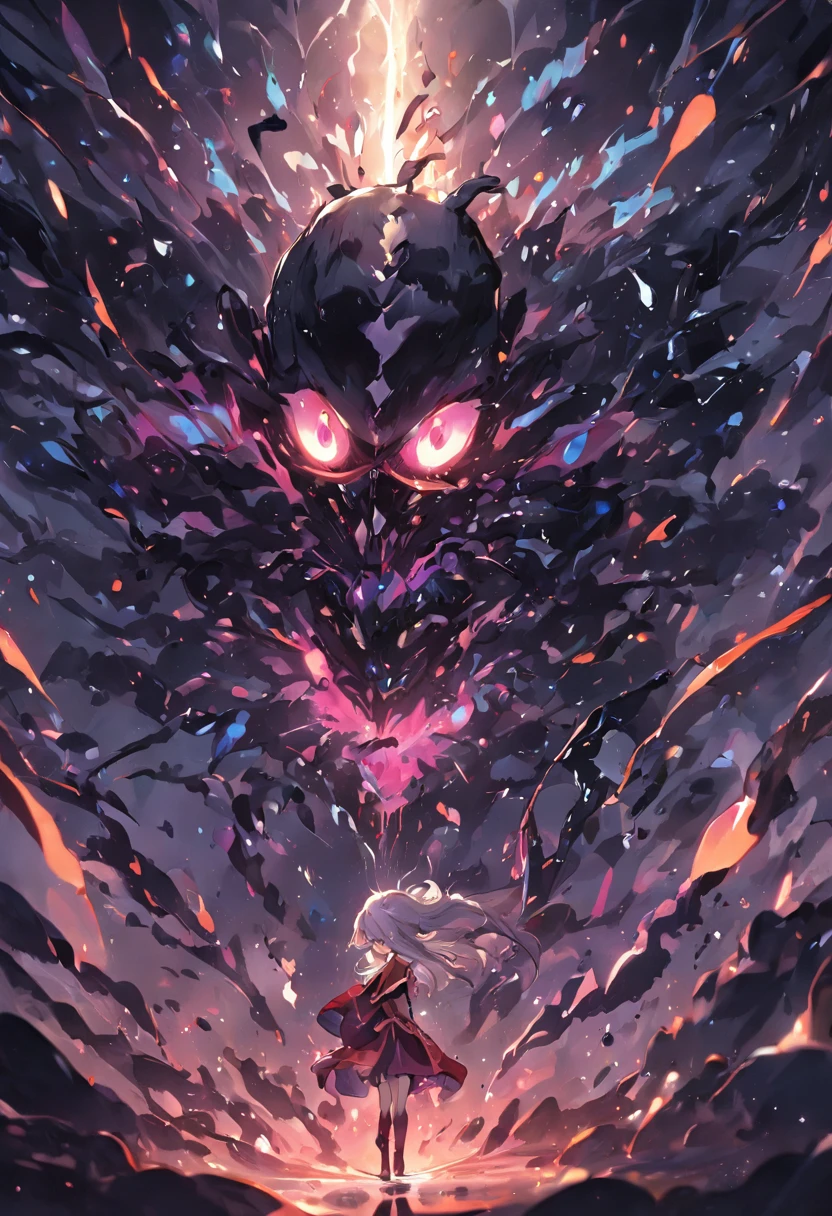 The black slime converges into a clump,A viscous black liquid drips from the huge eye,The black liquid rises from the ground,A fantastical glow,armour,crystals