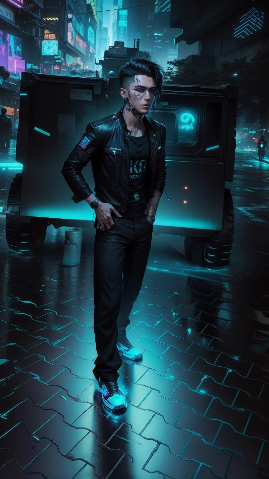 Change background cyberpunk handsome boy, realistic face, 8k, ultra realistic, neon