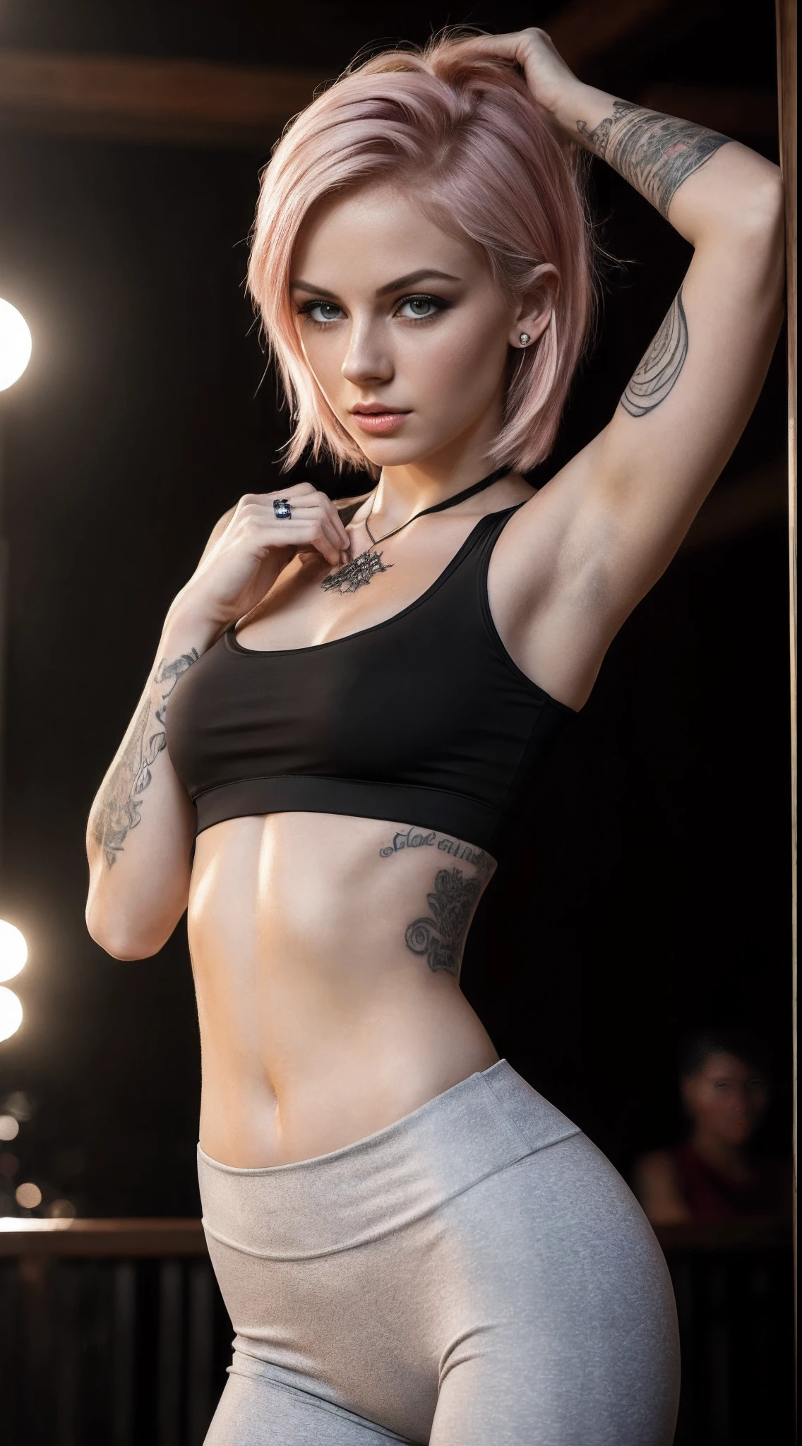 Award Photo of gorgeous Russian teen ( Feel free to sexy pose ) , 23 years old , Passionately teen , Anorexic body , Tall , Skinny legs, Thigh big gap , Babe , Long legs , Big bell shape tits , Beautifull , Diamond face shape , Goddess facial features , Giant upturned eyes , be creative to short haircut , white with soft Pink highlights Hair color , Pale skin , Soft redish skin , Full Neck tattoo , long neck, Punk , Tattoos , Thirsty open-mouthed, Bad girl , cute out sticking ears, Perfect round lips , Ultra detailed eyes , Strong mascara , Green eyes , Large fluffy eyebrows, 25mm Diva black eyelashes , (Amazing facial features) , Yoga pants , tight bra , Sport shoes , Looking forward , True - Life , Bar in Russia , Reflector light , Masterpiece, Realistic, art of ANNIE LEIBOVITZ, Textured skin , Highest-quality , High Detailed photo , 8k, Canon EF 50mm f/1.8 STM