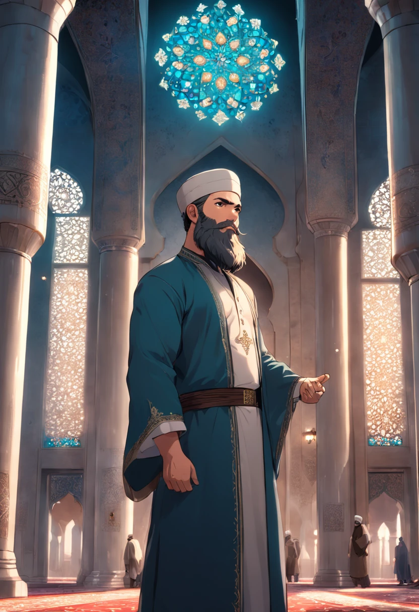 "A man with a majestic beard in a mosque, high resolution, highly detailed, a true masterpiece."