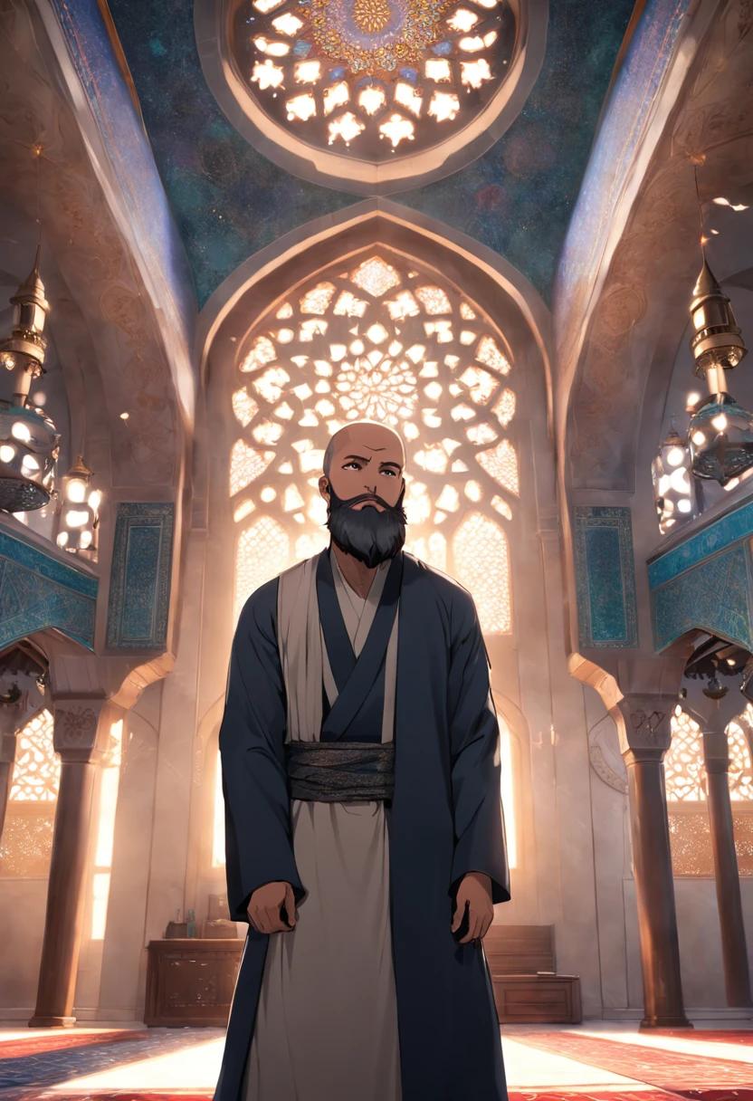 "A man with a majestic beard in a mosque, high resolution, highly detailed, a true masterpiece."