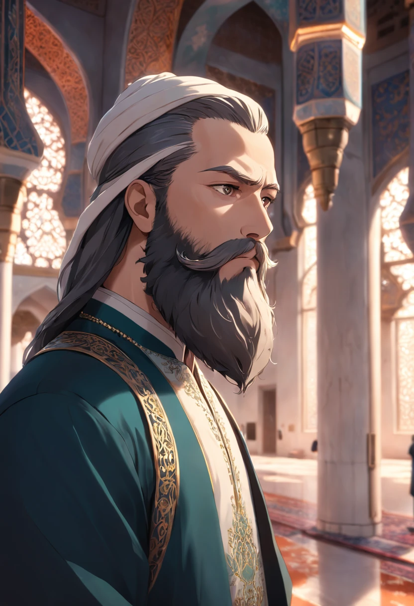 "A man with a majestic beard in a mosque, high resolution, highly detailed, a true masterpiece."