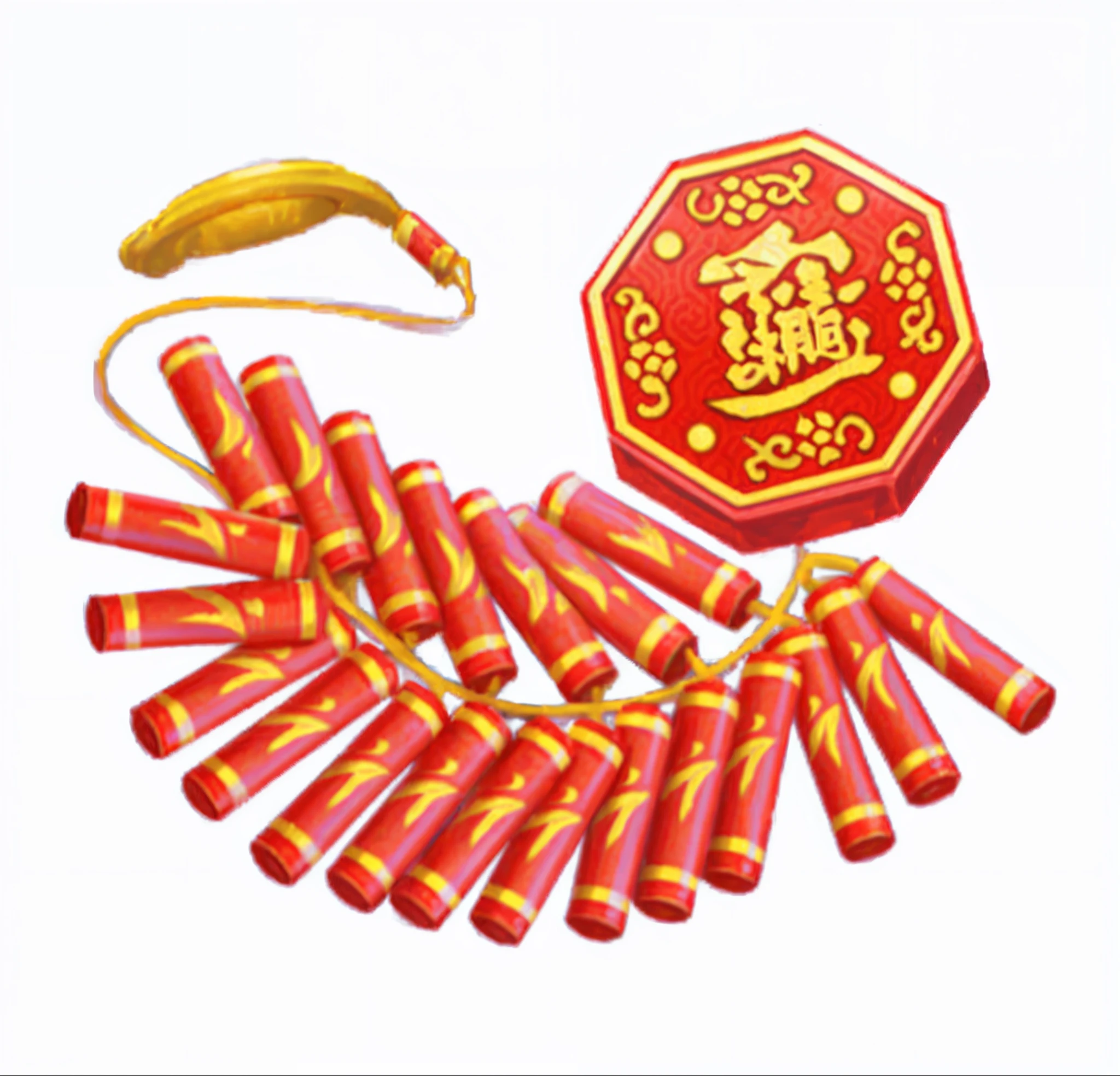 A bunch of firecrackers with a close-up of a Chinese coin, artwork in style of sheng lam, shaxi, Fireworks, , Chinese New Year A digital rendering, 9