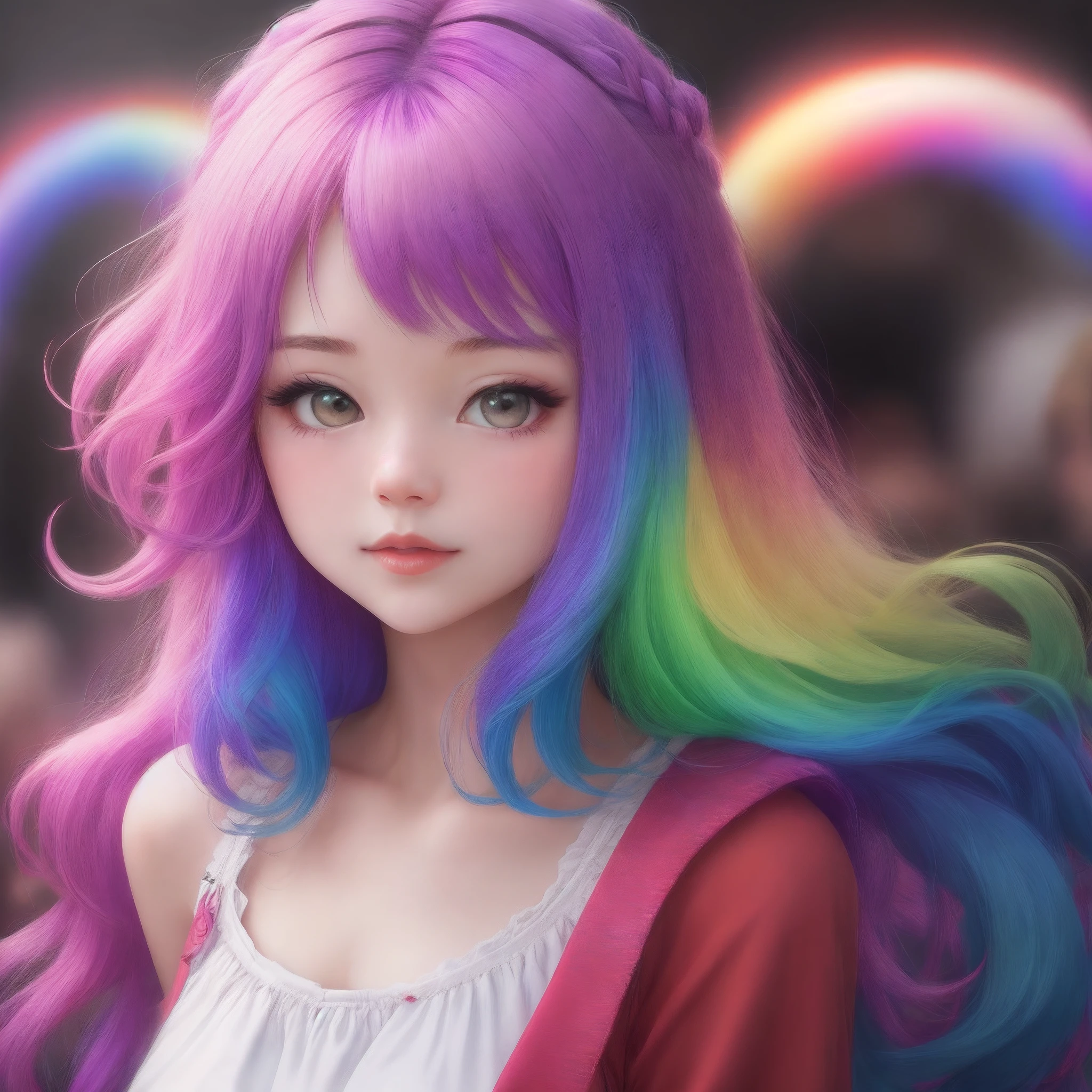 Create a vibrant anime-style girl portrait, Yellow to green、And multi-coloured hair that turns blue. A girl&#39;s hair should flow naturally., And she is big, Expressive blue eyes. Her expression should be soft and gentle, With a warm and kind smile. A combination of warm and cool colors is preferable for the background., Enhance a girl&#39;s hair. She should be wearing a black lace dress with detailed embellishments., Adding elegance to her appearance. The overall atmosphere of the artwork is bright.、It should be attractive, Capture the girl&#39;s sweet and friendly demeanor.　Draw the whole body"