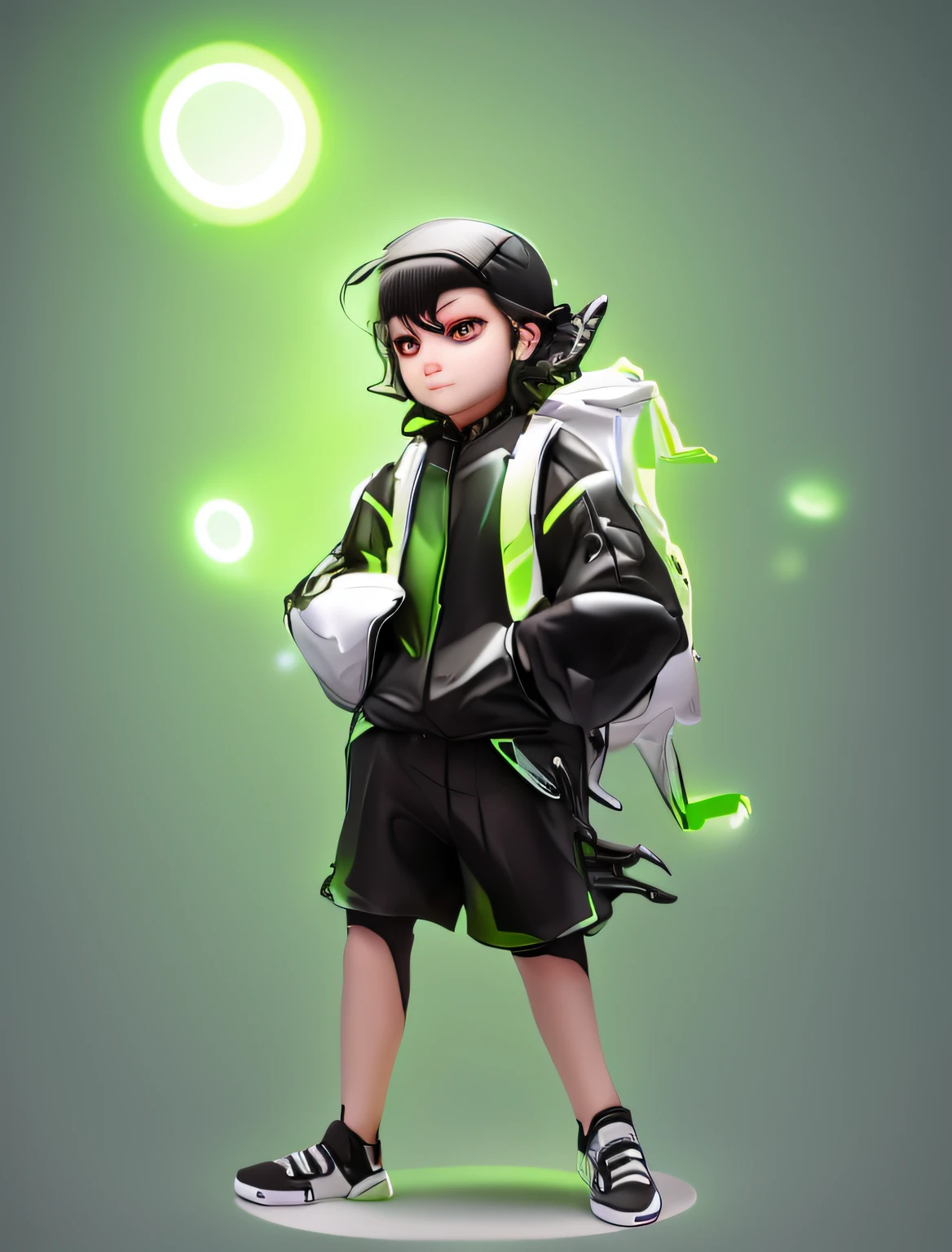 Fashion brand cartoon IP image,male ager,full bodyesbian,Black and fluorescent green,Cyberponthe。
