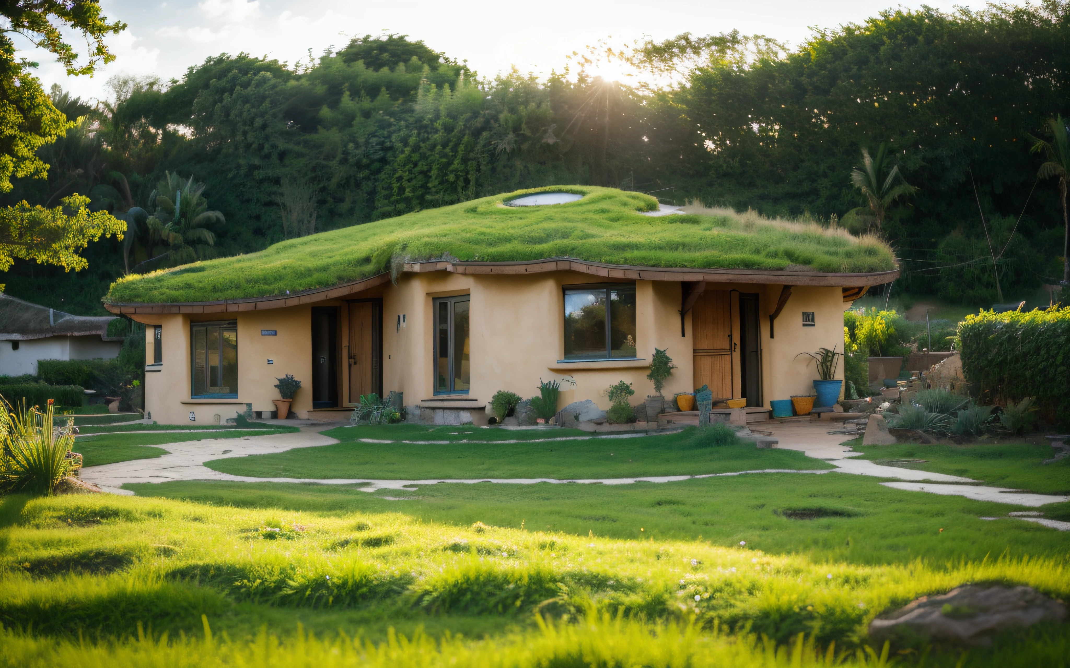 A imposing symetric contemporary modern hobbit house with a organic curved walls in tropical garden, plaster (((rustic mud stucco))) and a (((wave shape greenroof with a wood edge))), (((wood and rake fascia roof))), eaves, porch, ((timber frame roof)), in the bali (((tropical backyard))), ((rounded corners walls)), ((rustic mud plaster)), (((curved organic rounded corners walls))), (((rustic earth plaster, mud clay stucco))), natural houses, bali style, Organic Buildings, Organic Architecture, Earthworks, Ecovillage, Sustainable Architecture, Biobuilding, Solarpunk Architecture, (((Grass Roof, Green Roof, Green Wave Roof, Rounded Roof, vegetated roofs))), green architecture, Passive house, Rock Foundation, clean sky in background, Interdimensional Villa, a painful beauty, organic architecture, green house, Super Resolution, cinematic, color grading, editorial photography, photography, Photo Shoot, 3/4 views, 3 / 4 views, 3 / 4 extra - wide shot, front view dramatic, Spring 50mm, Depth of Field, Intricate Details, Natural Colors, Sharp Focus, Warm Light, Shutter Speed 1/1000, F/22, White Balance, Ray Trace Reflections, Lumen Reflections, Screen Space Reflections, Diffraction Classification, Chromatic Aberration, GB Offset, Partial Illumination, Backlight, Natural Illumination, Sweep Lines, Ambient Occlusion, Anti-Aliasing, Shaders, OpenGL-Shaders, GLSL-Shaders, Post Processing, Post Production, The Shading, Tone Mapping, Insanely detailed and intricate, hypermaximalist, elegant, hyperrealistic, super detailed, dynamic pose, Fujifilm XT3