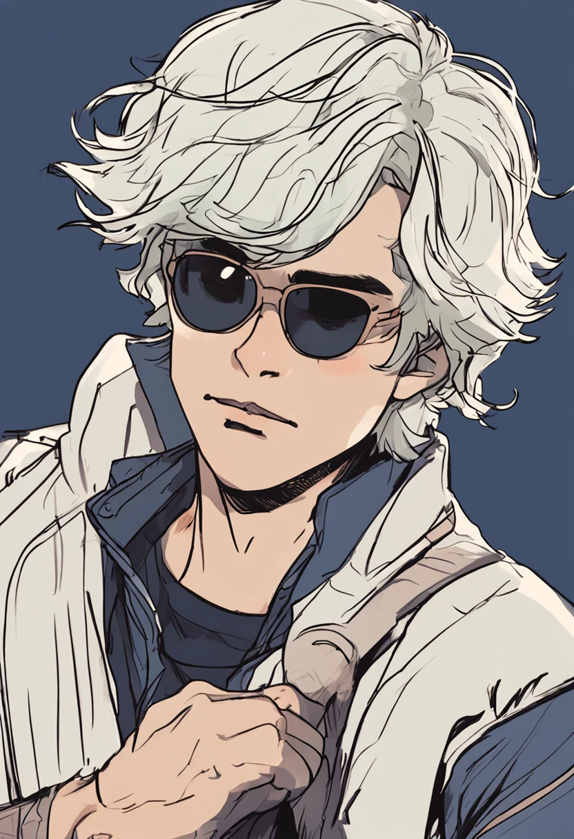 A cartoon image of a young man with white hair and sunglasses, um assassino adolescente ousado, official character illustration, digital character illustration, Retrato de corpo inteiro do personagem, Personagem altamente detalhado, desenhado em um estilo anime