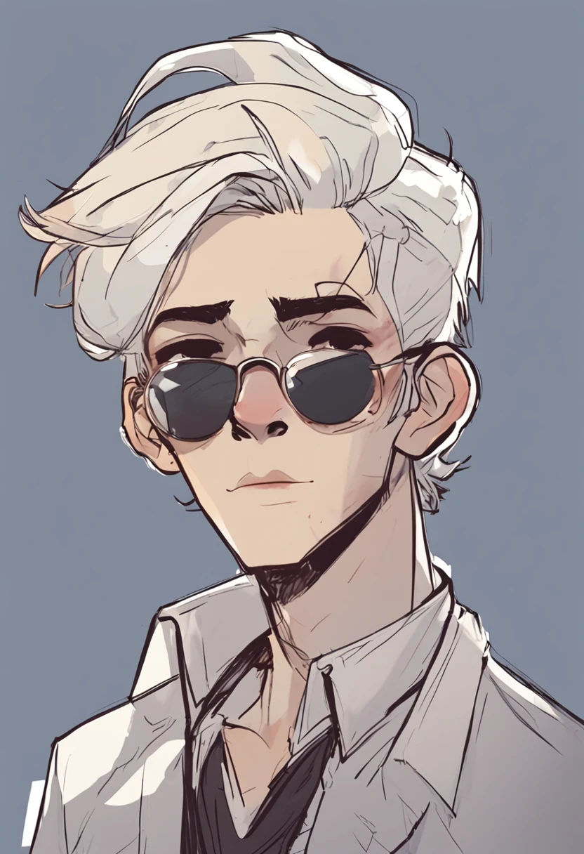 A cartoon image of a young man with white hair and sunglasses, um assassino adolescente ousado, official character illustration, digital character illustration, Retrato de corpo inteiro do personagem, Personagem altamente detalhado, desenhado em um estilo anime