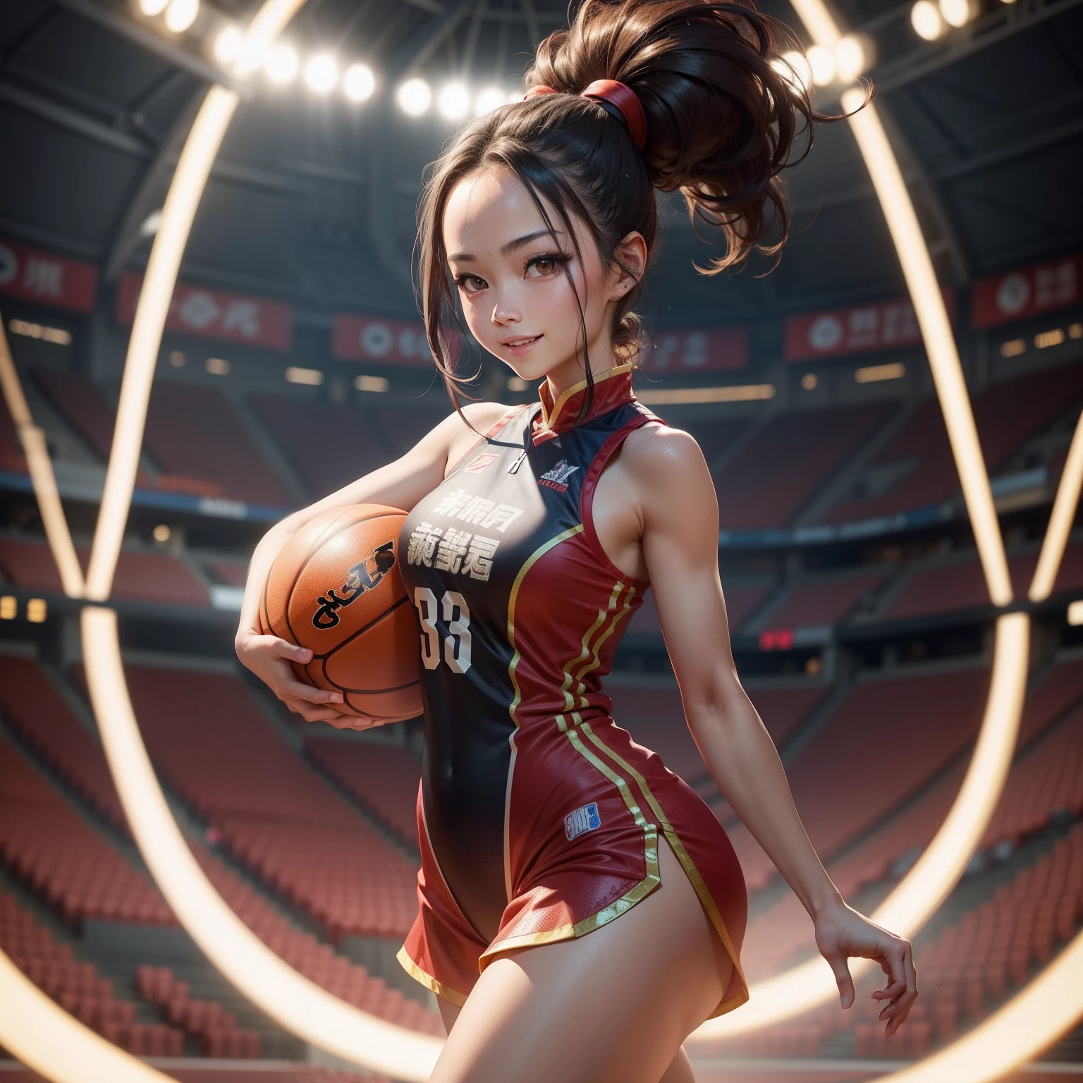 A girl,Chinese costumes, basketball suit, Stadium, Playing the Basketball, Messy hair, Split ponytail, Forehead protector, eyeball, Wide eyes, happy grin, Ray tracing, Cinematic lighting, Sparkle, Anime style, 8K, Masterpiece, hyper HD, Anatomically correct, Textured skin, High details, High quality, Super detail, A high resolution, Best quality, Award-Awarded,full-body view