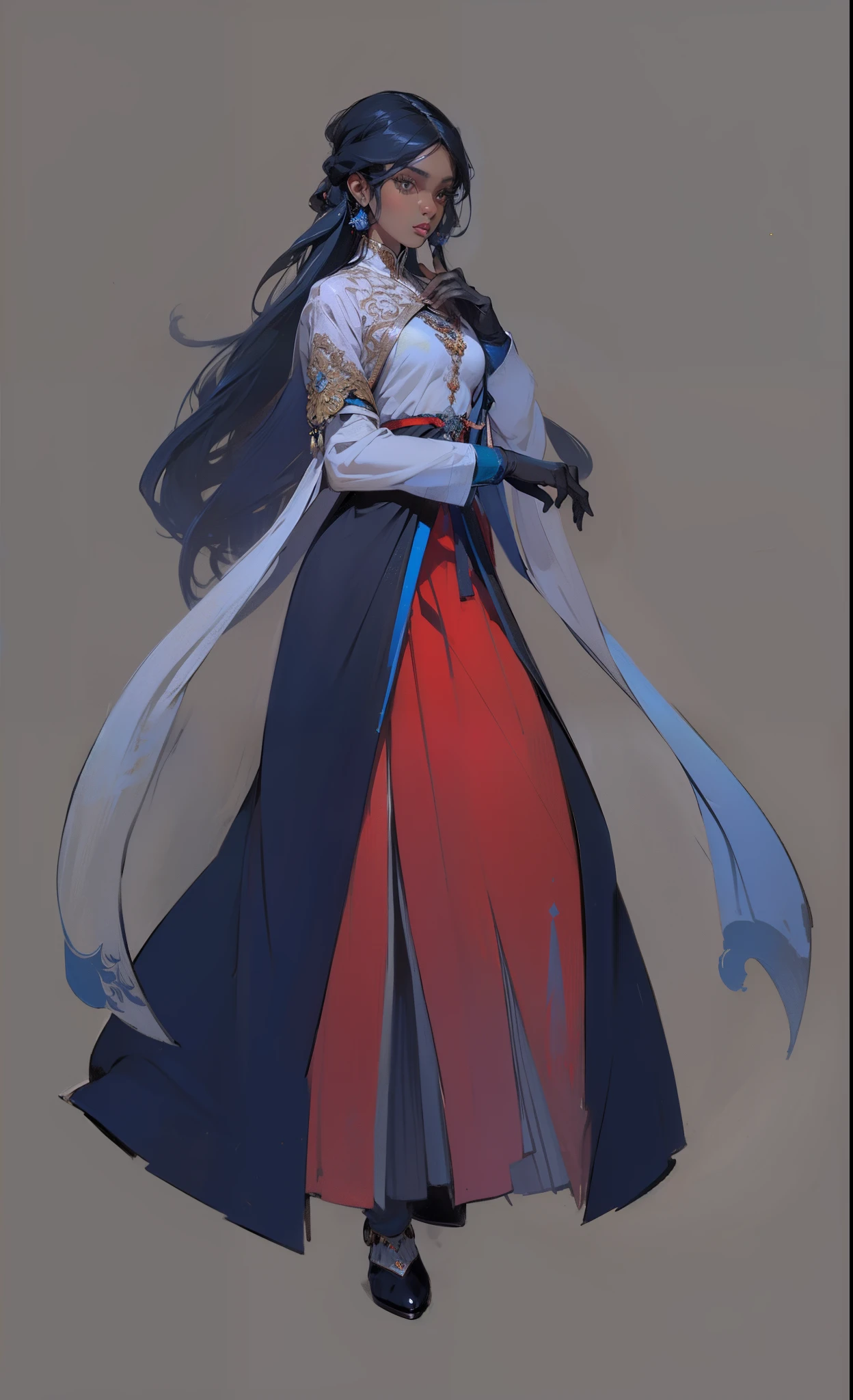 arabian girl, high quality, facing right, arabian clothing, two layers dress, long curly deep blue hair, black gloves, dark skin girl